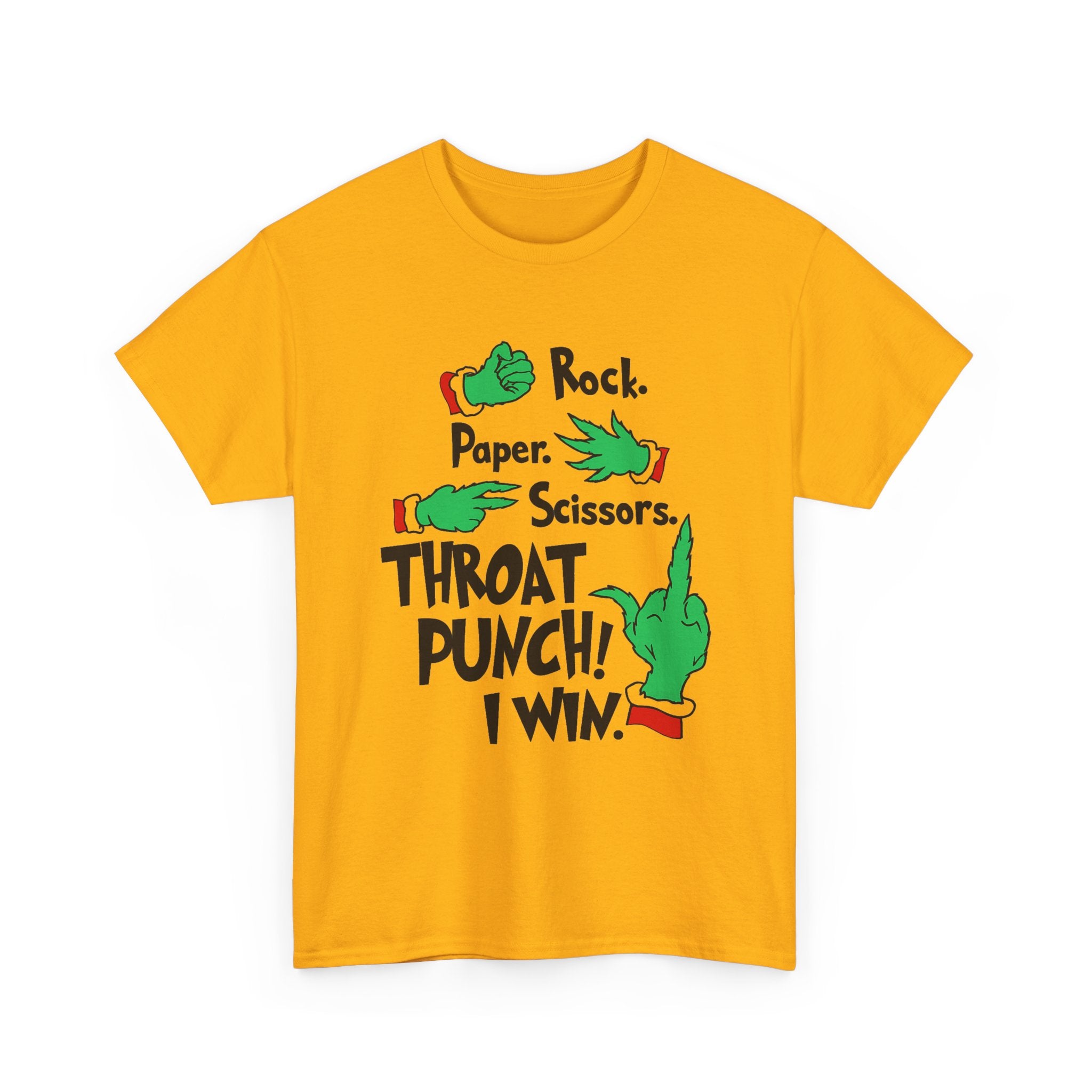 Funny Holiday Tee — "Rock. Paper. Scissors. Throat Punch! I Win" Graphic T-Shirt