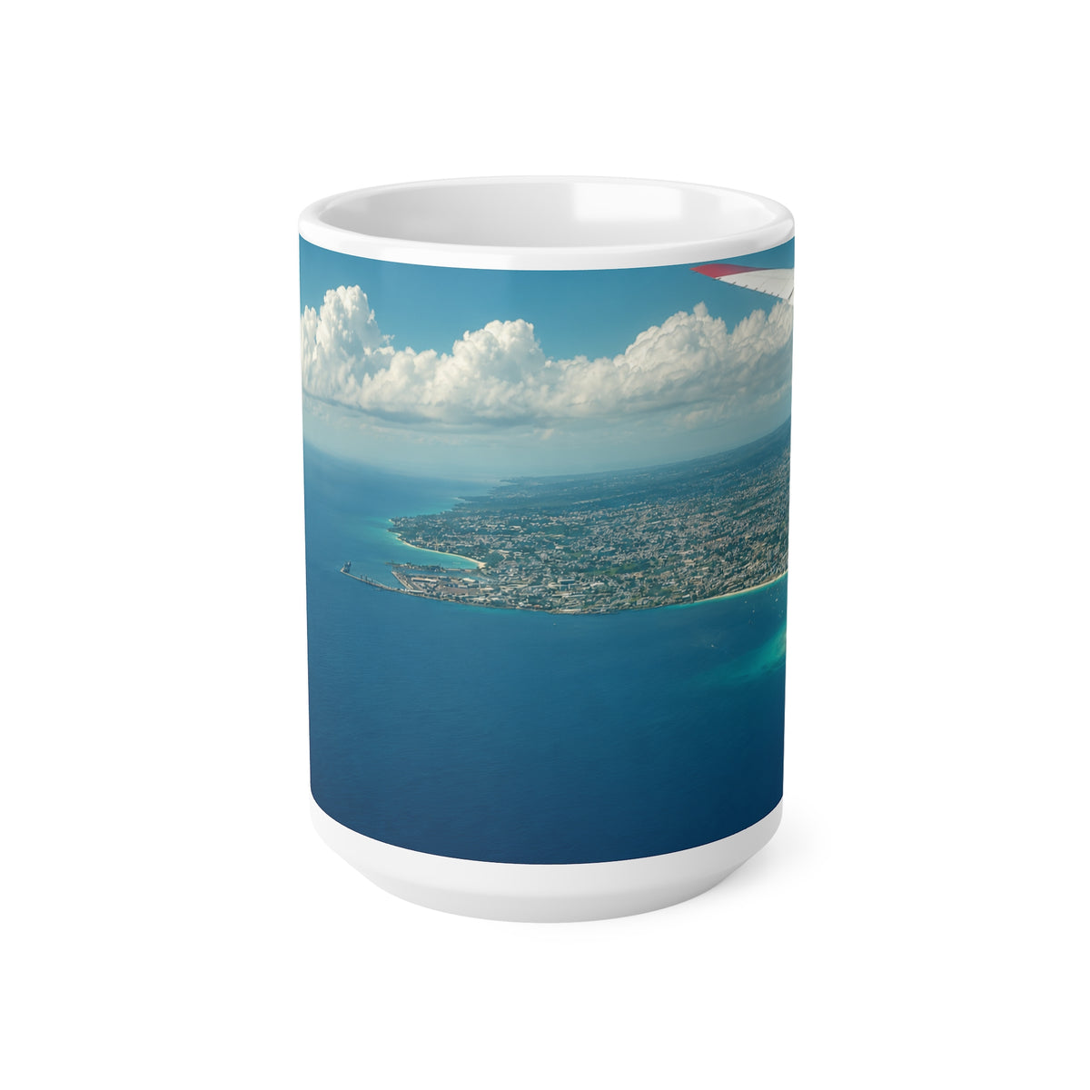 Aerial Barbados Island View Coffee Mug — Tropical Ocean Photography 11oz & 15oz