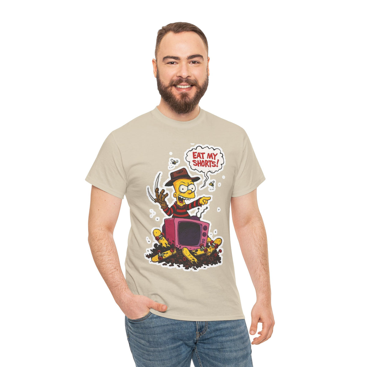 Horror TV Mashup Tee — “Eat My Shorts!” Retro Cartoon Tee