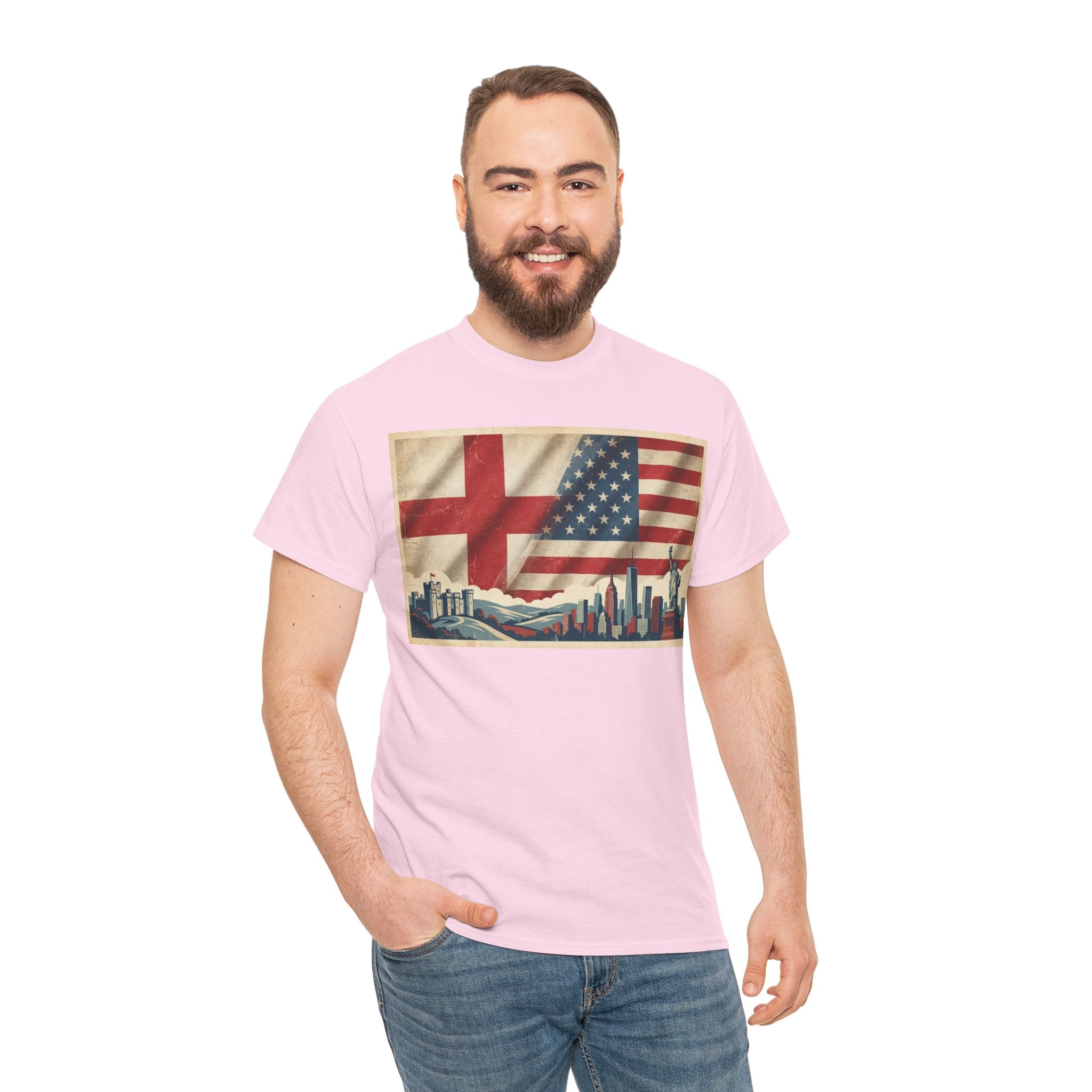 England + USA Flag Skyline T-Shirt — Vintage London & New York City Pride Tee