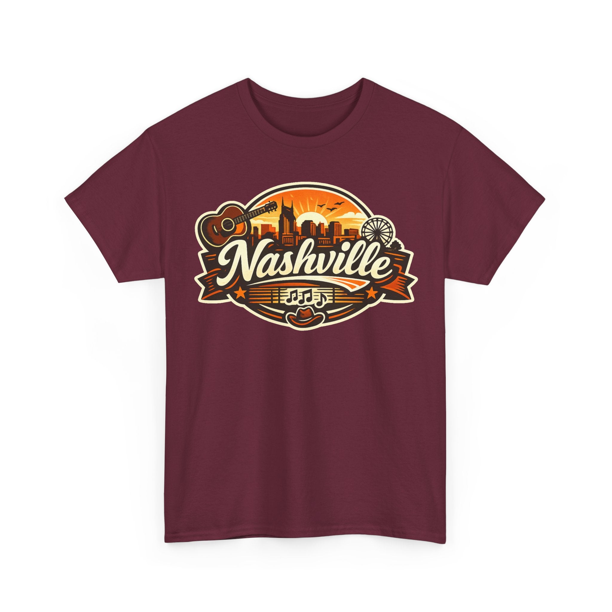 Nashville Skyline Guitar Tee – Retro Music City Souvenir Shirt