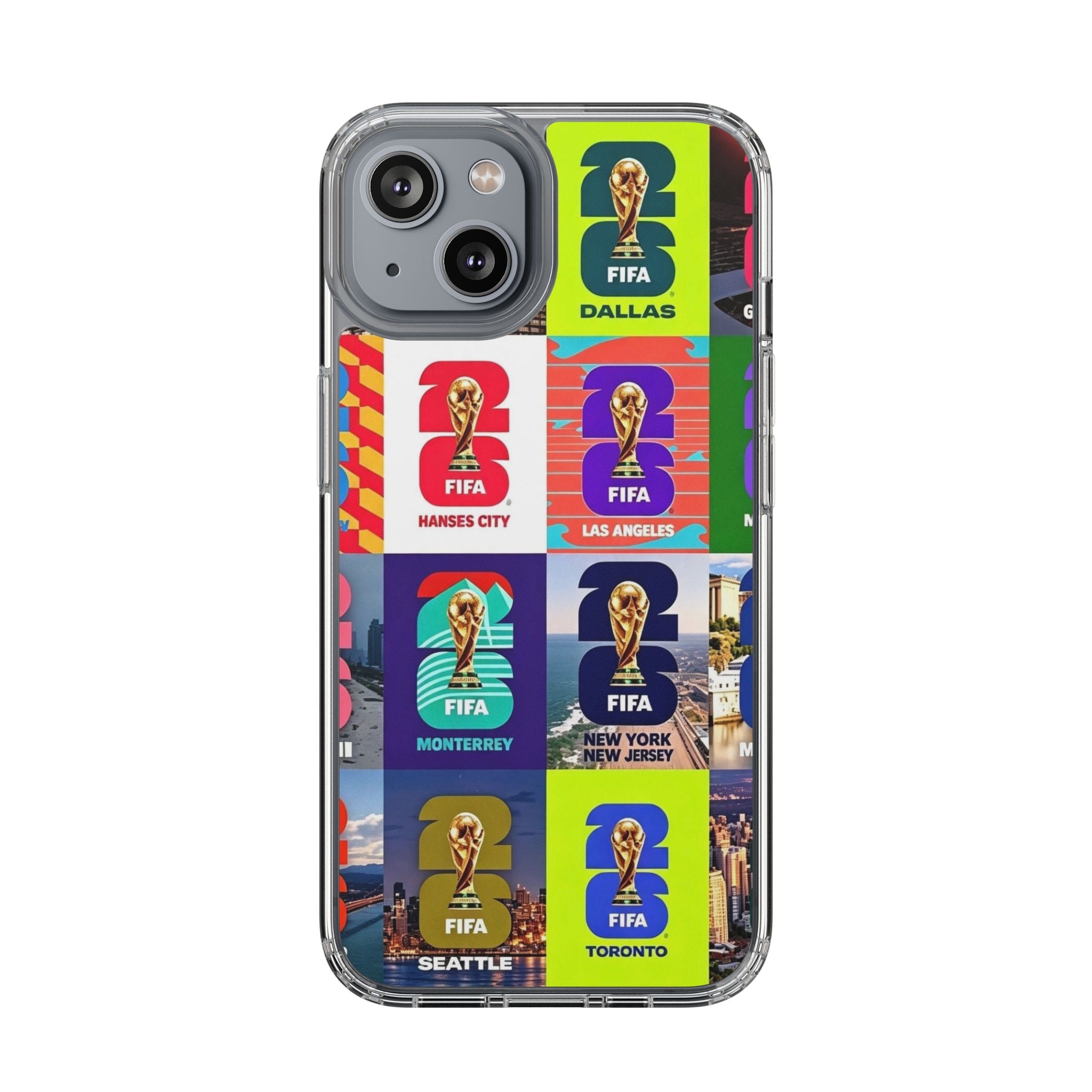 FIFA World Cup Pop Art Clear Phone Case — City Badge Collage (Dallas, LA, Monterrey, Toronto, Seattle)