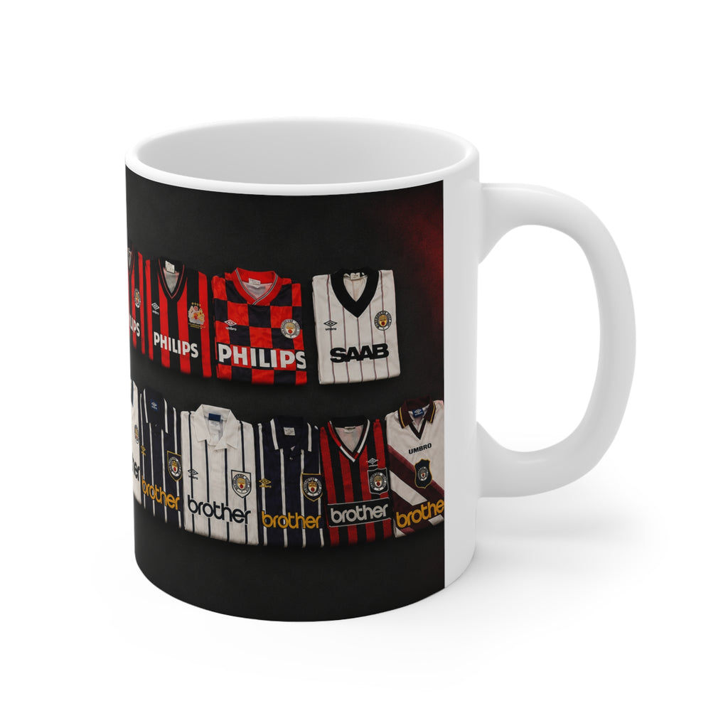 Manchester City Retro Away Soccer Jersey Collage Mug — Vintage Football Shirts Ceramic Coffee Cup (11oz & 15oz)