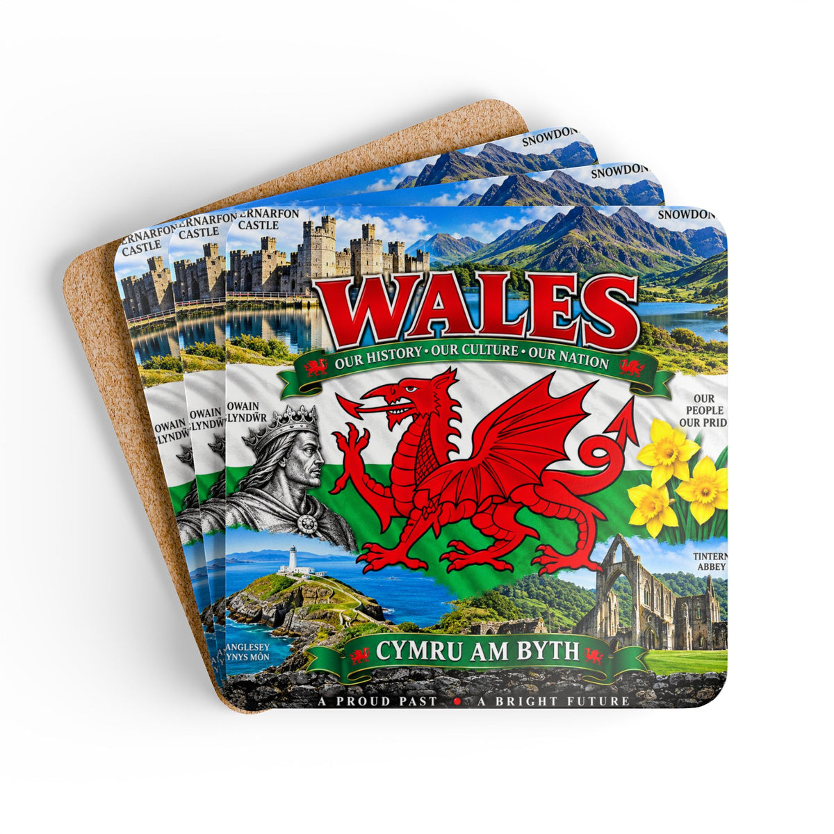 Wales Corkwood Coaster Set — Welsh Dragon, Landmarks & 'Cymru Am Byth' Souvenir Coasters