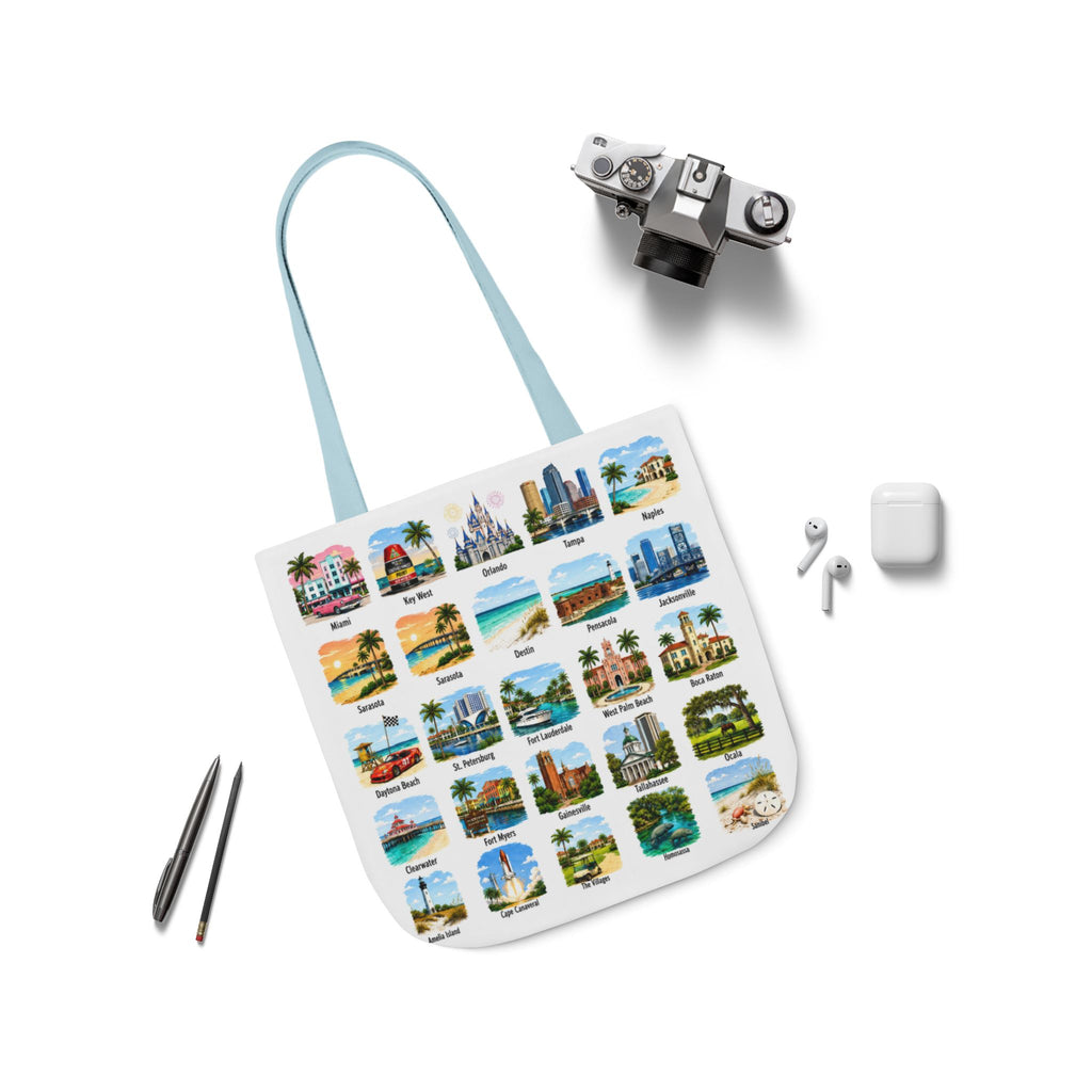 Florida City Landmark Collage Canvas Tote Bag — Vintage Travel Icons Print