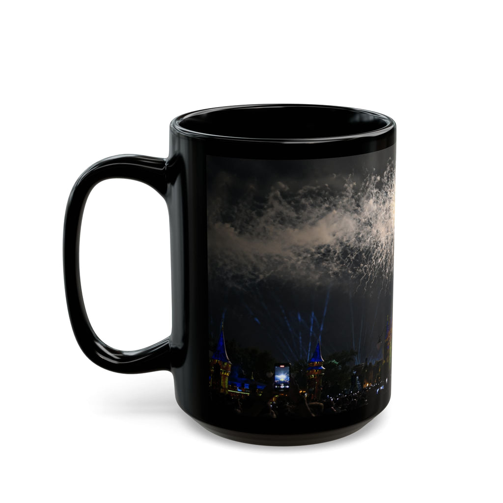 Fireworks MK Castle Black Mug — Nighttime Theme Park Coffee Cup (11oz/15oz)