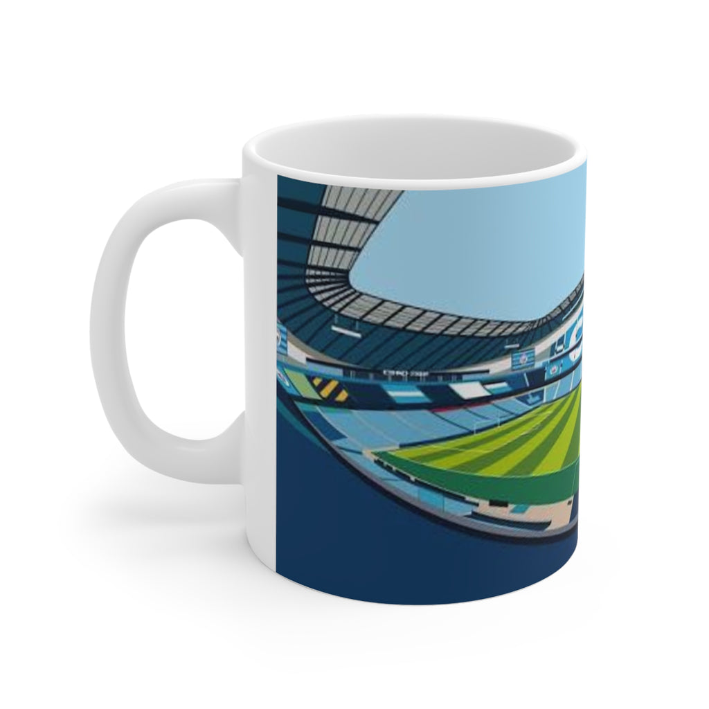 Manchester City Etihad Stadium Panorama Mug — Soccer Pitch Ceramic Coffee Cup (11oz & 15oz)