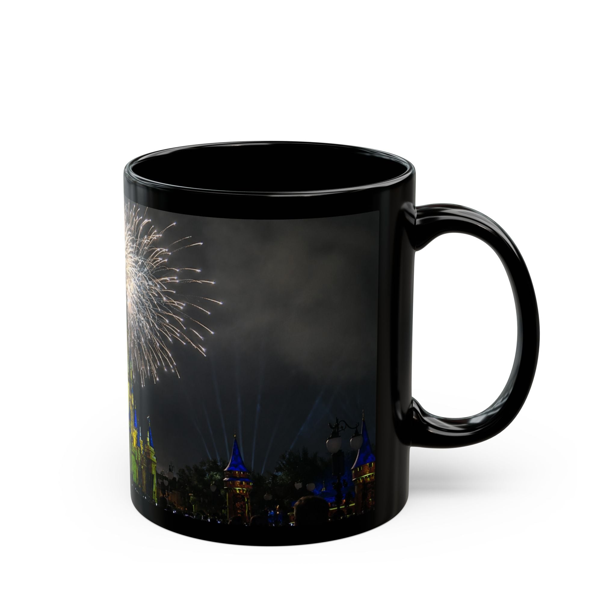 Fireworks MK Castle Black Mug — Nighttime Theme Park Coffee Cup (11oz/15oz)