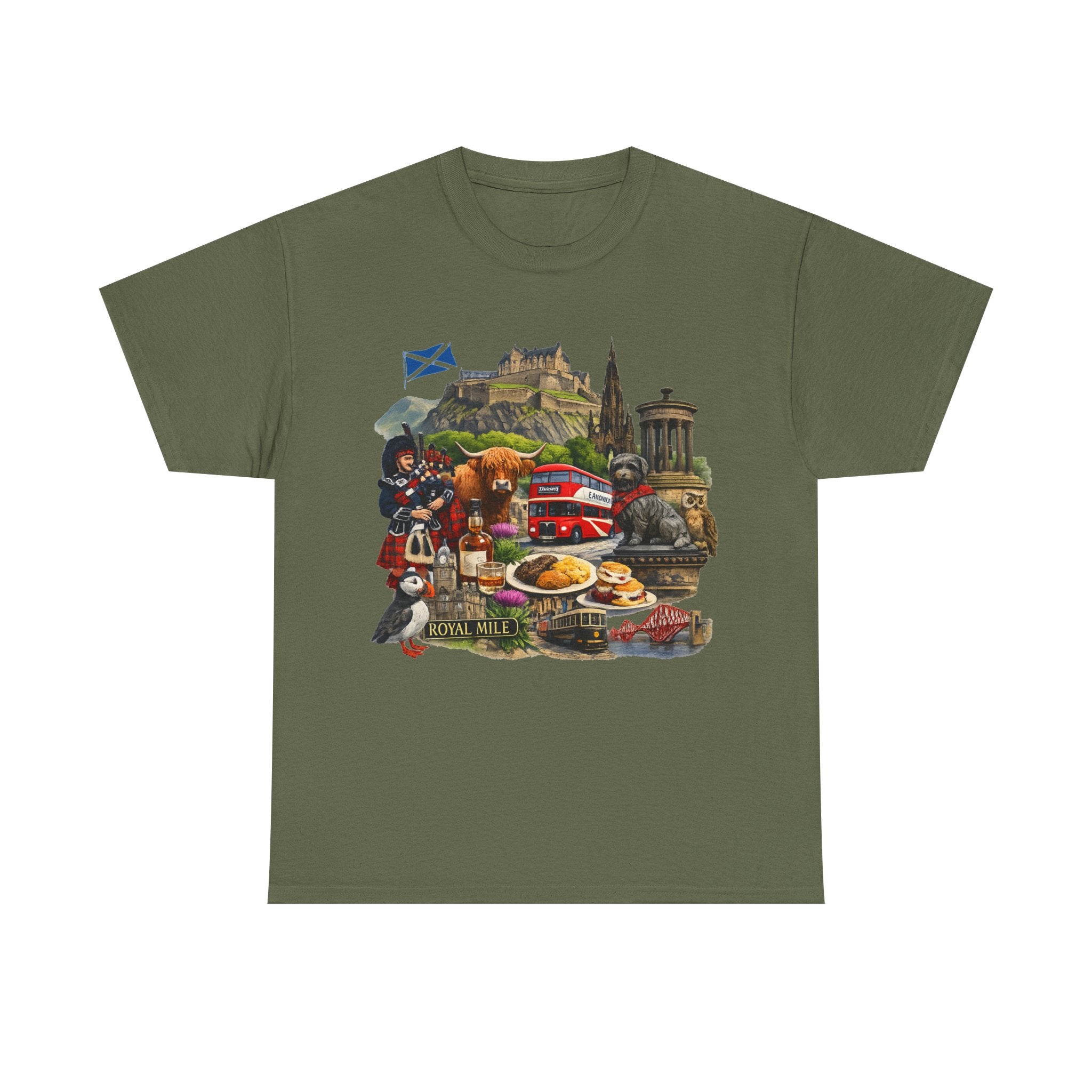 Scotland / Edinburgh Travel Collage T-Shirt — Edinburgh Castle, Bagpipes & Local Icons