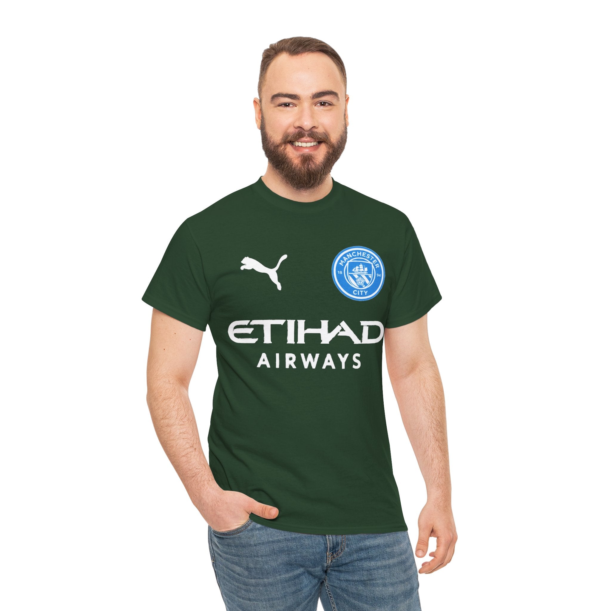 Man City Inspired Etihad Airways Logo Tee - Black Puma Style Football Shirt
