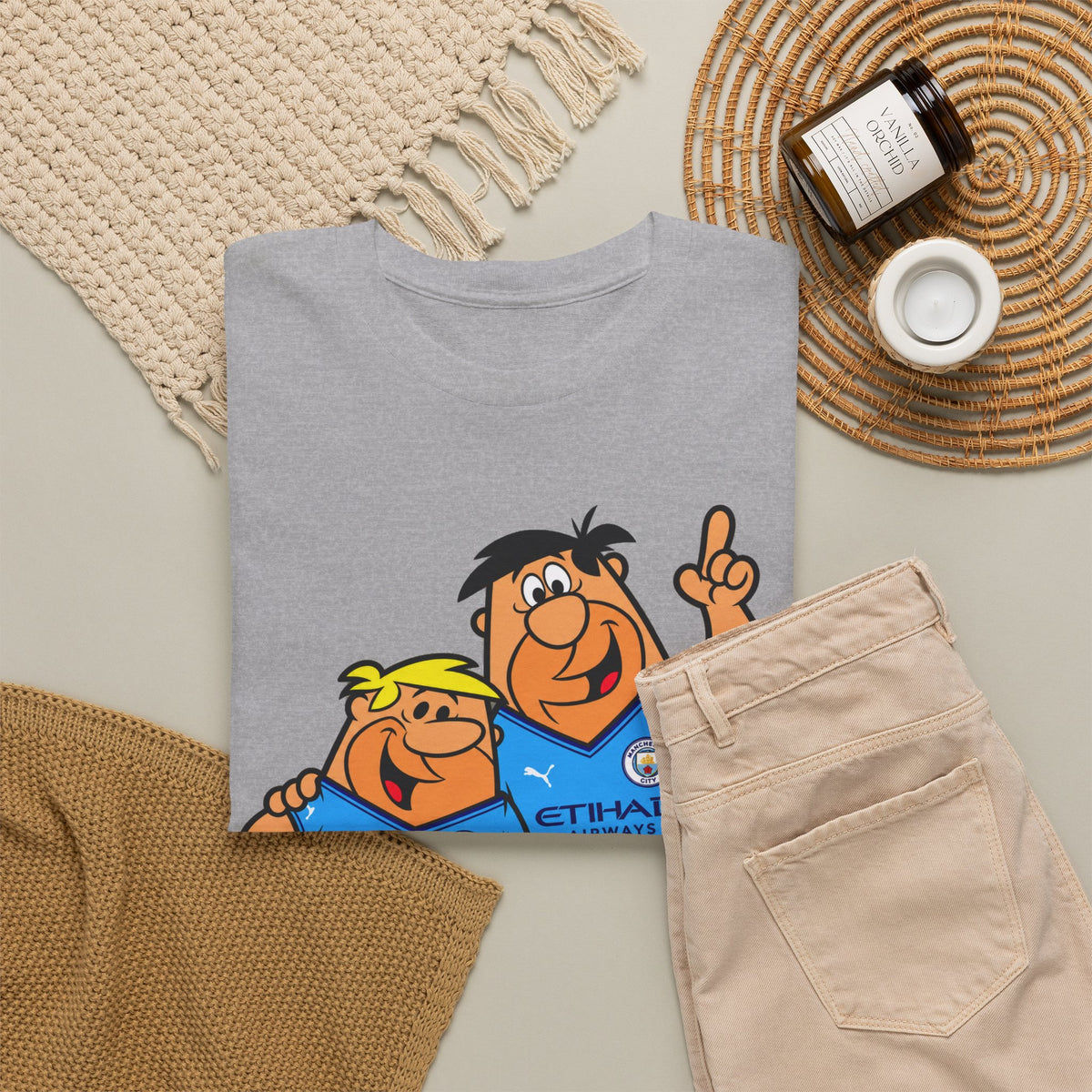 Manchester City The Flintstones Etihad Airways Cartoon Cotton T-Shirt