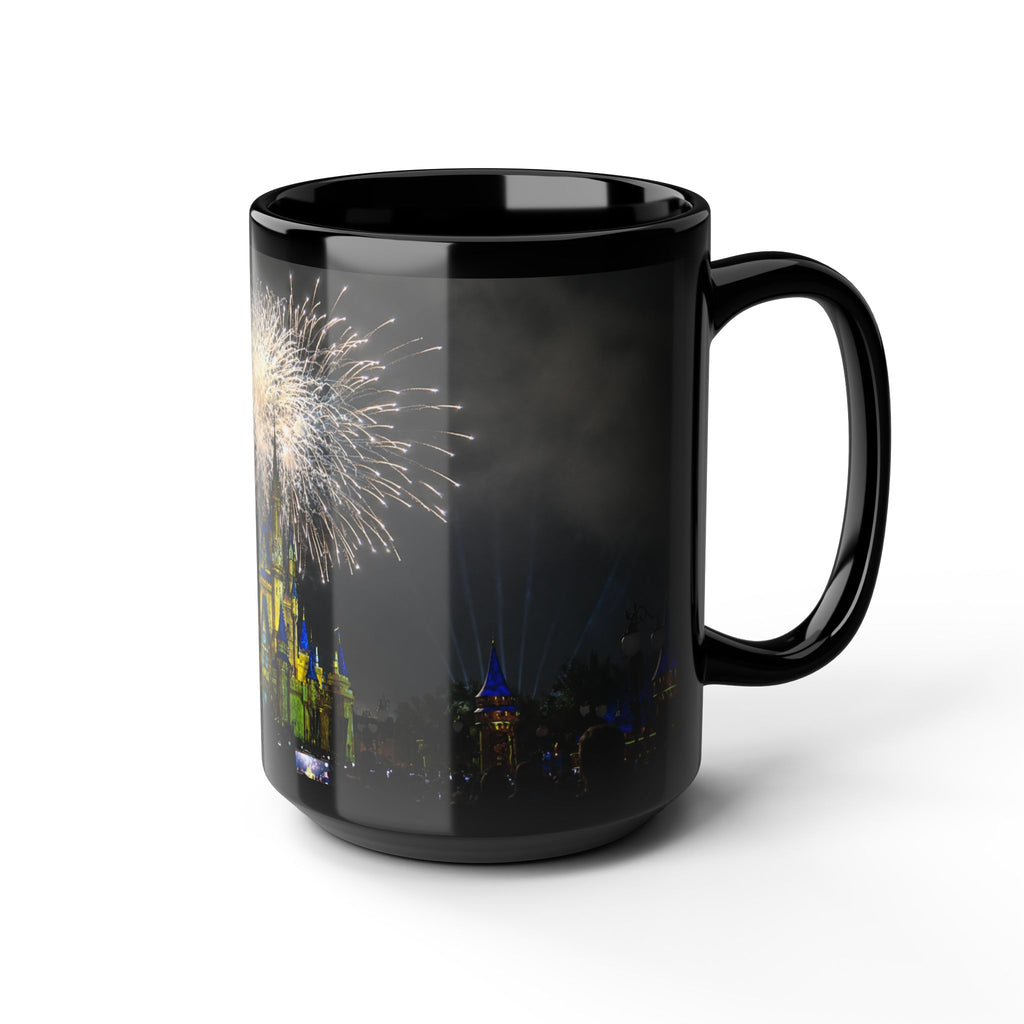 Fireworks MK Castle Black Mug — Nighttime Theme Park Coffee Cup (11oz/15oz)