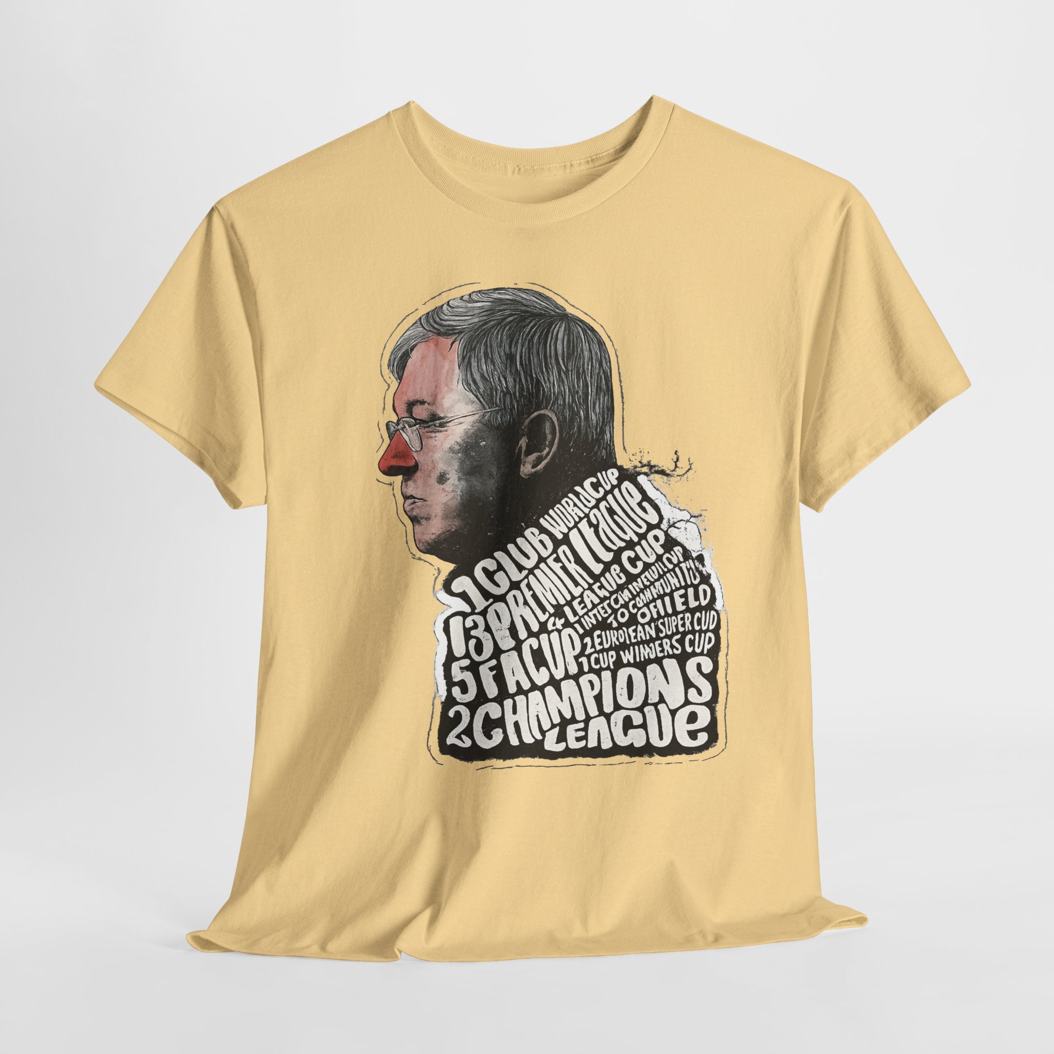 SIr Alex Ferguson Achievements Vintage Football Manager Profile Tee — Illustrated Head with Trophy Text Design