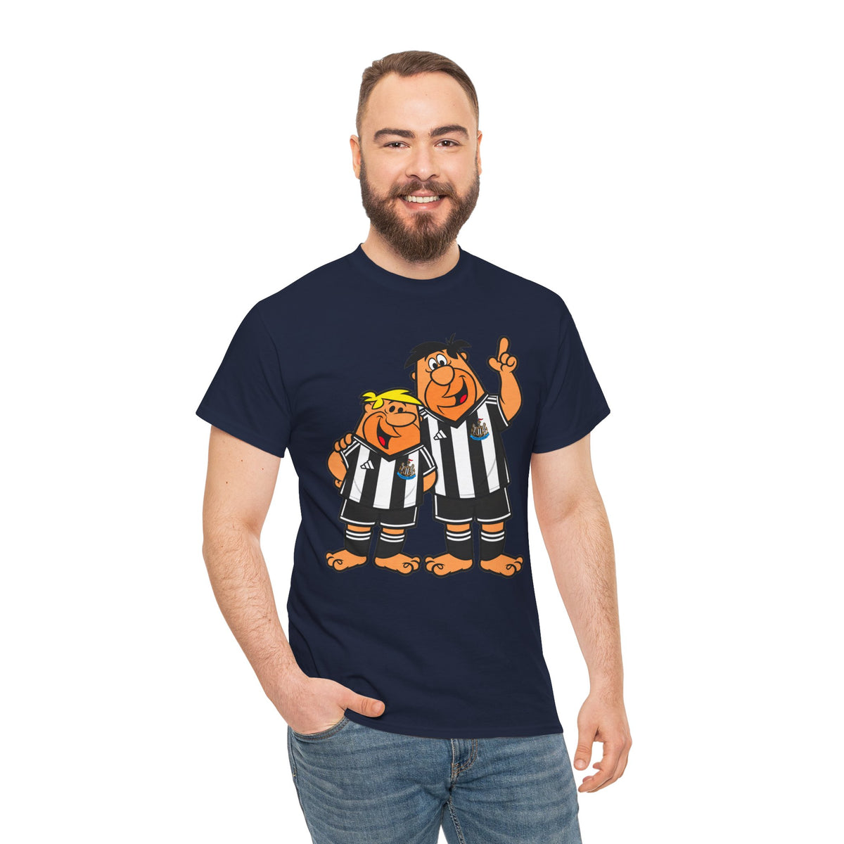 Newcastle United Flintstones Cartoon Cotton T-Shirt / Tee — Retro Striped Jersey Illustrations