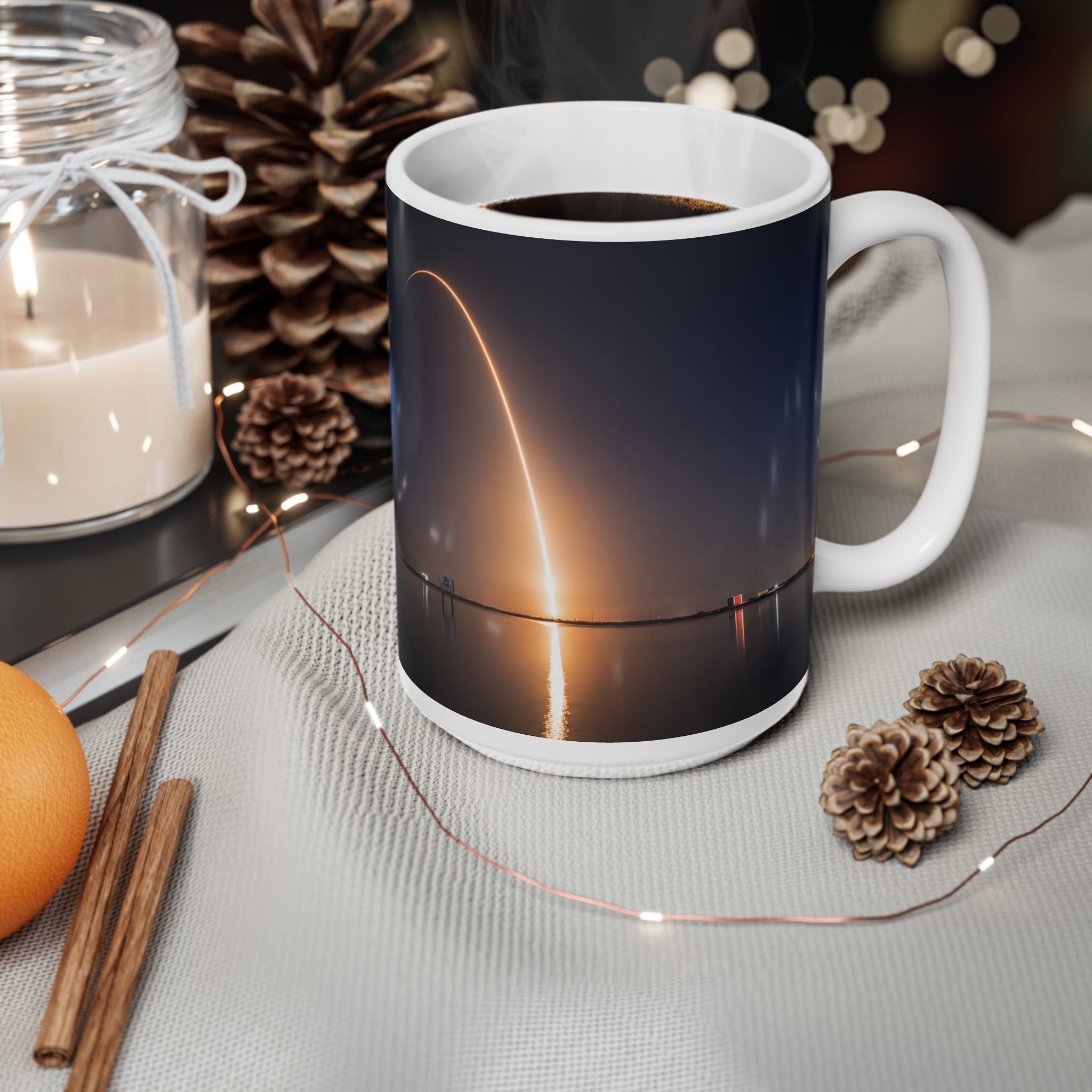 Night Rocket Launch Photo, Atmospheric Space Glow Ceramic Mug — (11oz & 15oz)