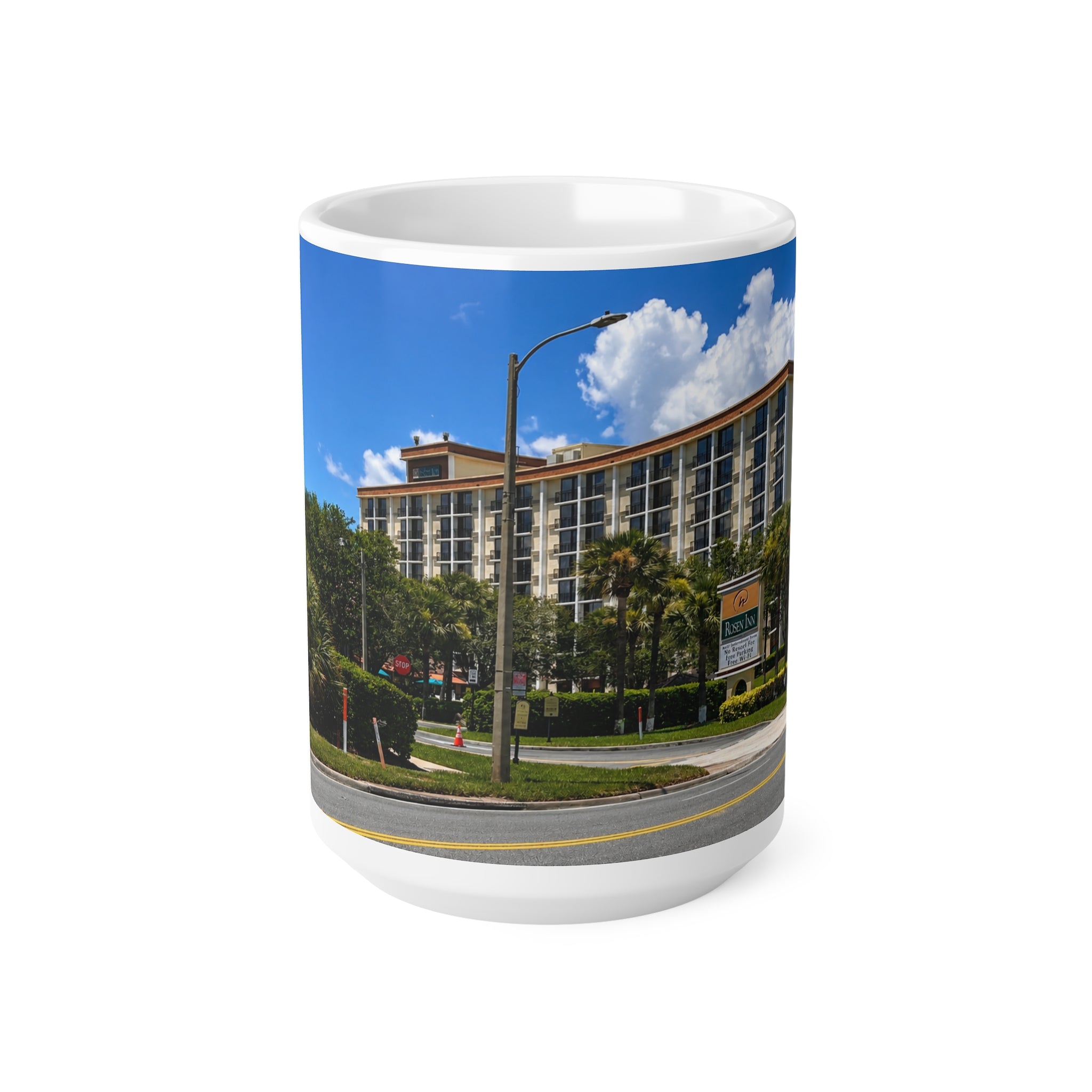 Rosen Inn Closest to Universal Orlando Ceramic Mug — Tropical Hotel & Palm Trees Coffee Cup (11oz, 15oz)