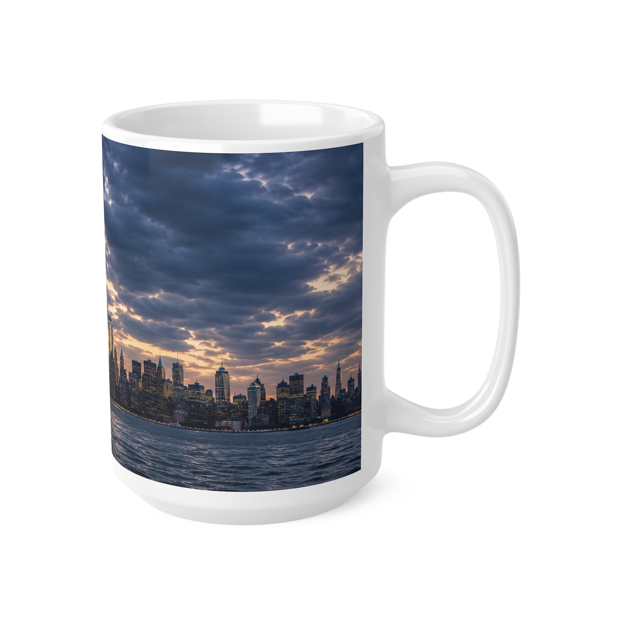 Statue of Liberty Sunset Mug — NYC Skyline Coffee Cup with American Flag (11oz & 15oz)