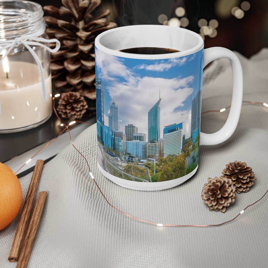 City Skyline Ceramic Mug — Modern Urban Bridge Coffee Cup (11oz & 15oz)