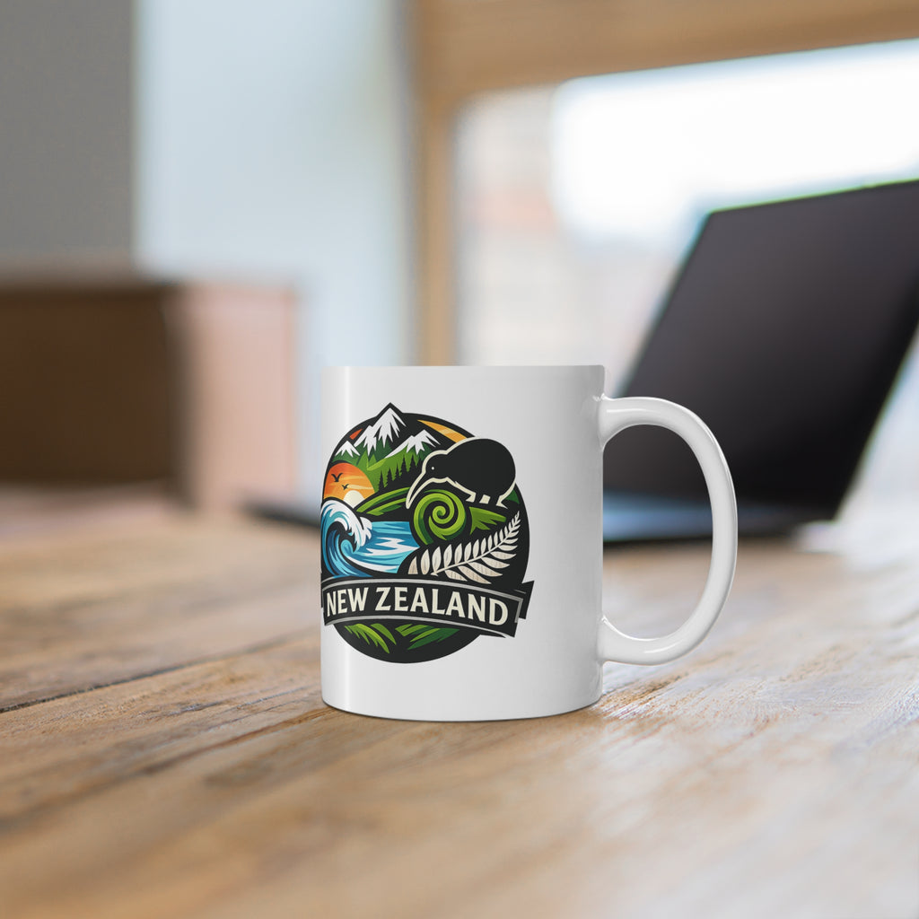 New Zealand Scenic Badge Ceramic Mug — Kiwi, Fern & Ocean Coffee Cup (11oz/15oz)