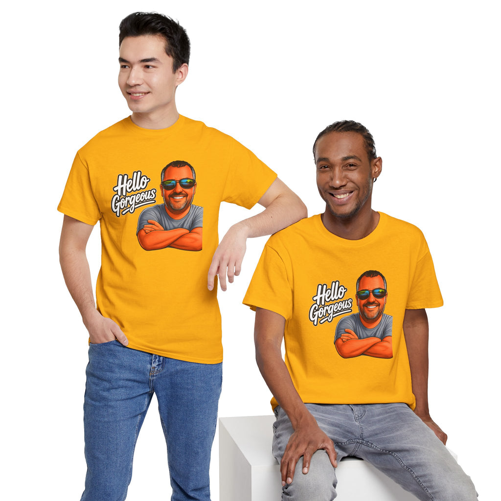 Hello Gorgeous Graphic Tee — Funny Retro Portrait T‑Shirt