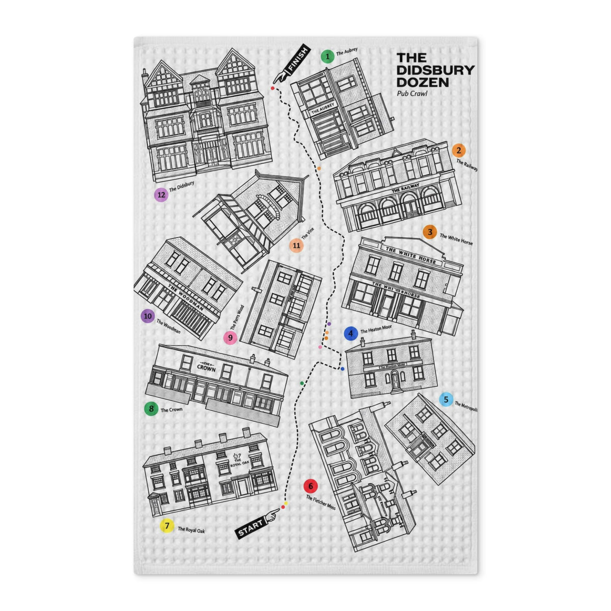 Disodbury Dozen Waffle Tea Towel — Illustrated Local Buildings Double-Sided Kitchen Towel