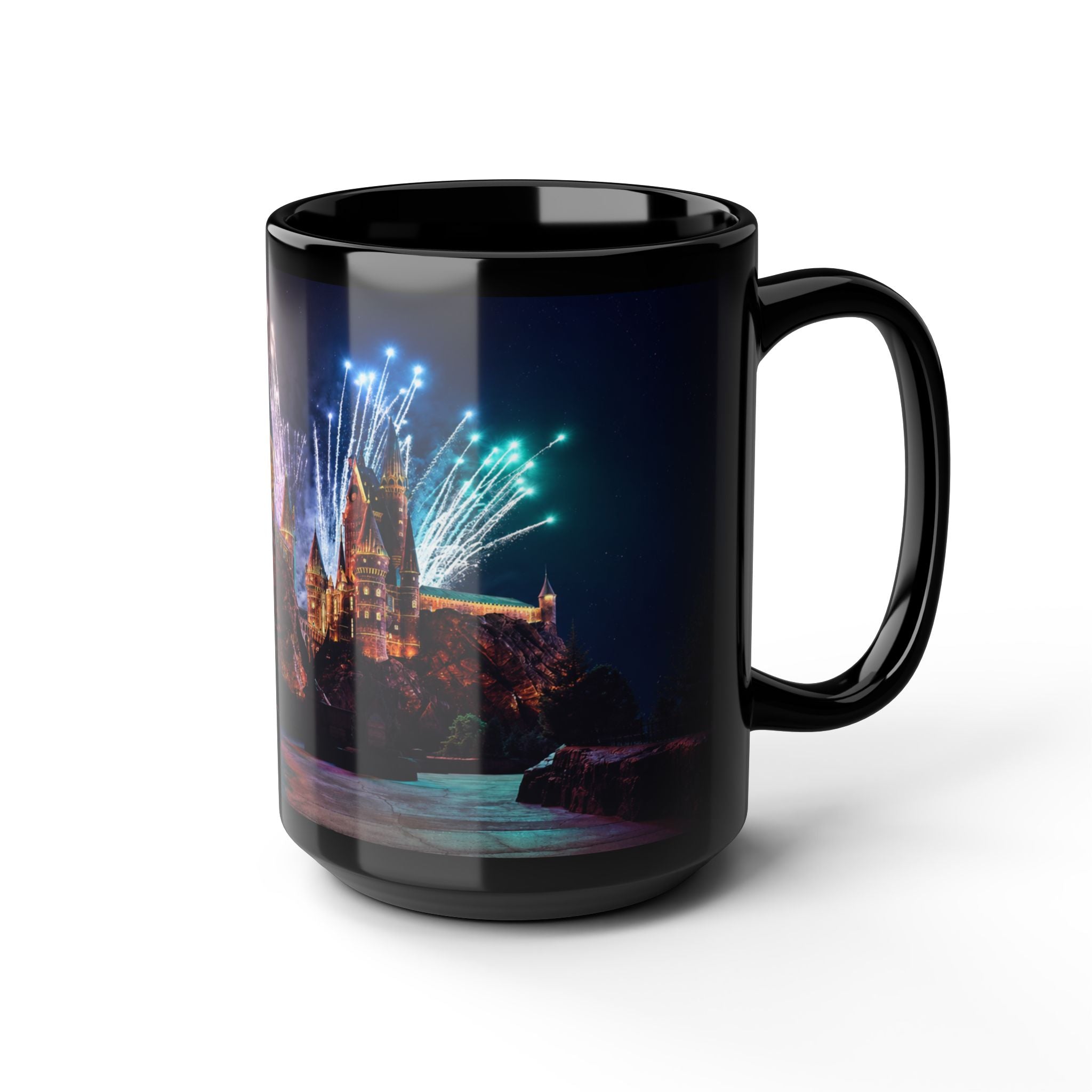 Hogwarts Castle Fireworks Night Black Mug — Castle Nightscape Coffee Cup (11oz/15oz)