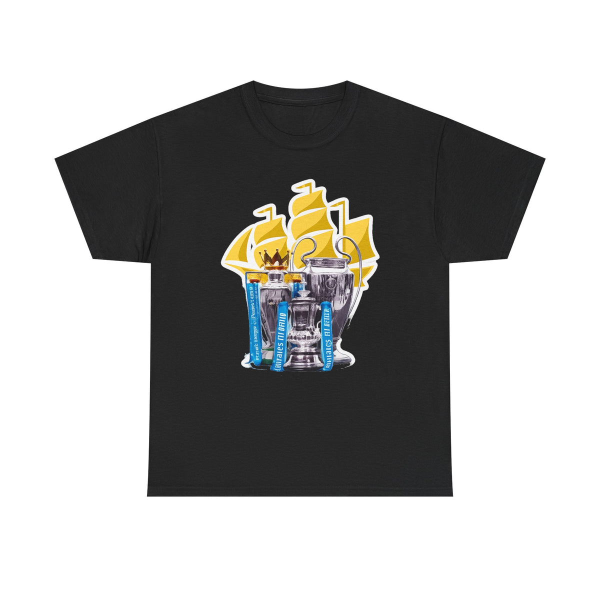 Manchester City Champions Trophy Tee – Golden Cups & Blue Scarves Football Fan Shirt