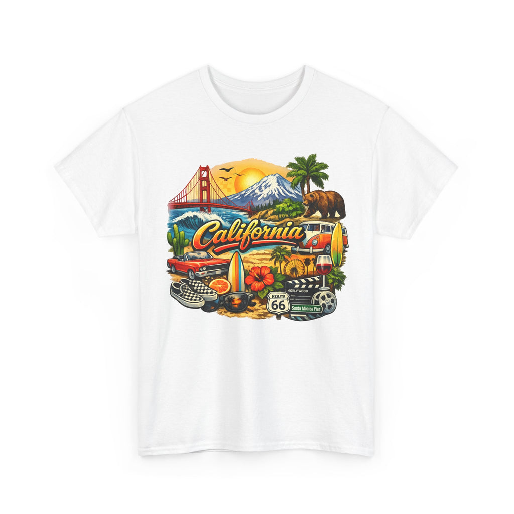 California Vintage Travel T-Shirt — Golden Gate, Palm Trees & Route 66 Tee