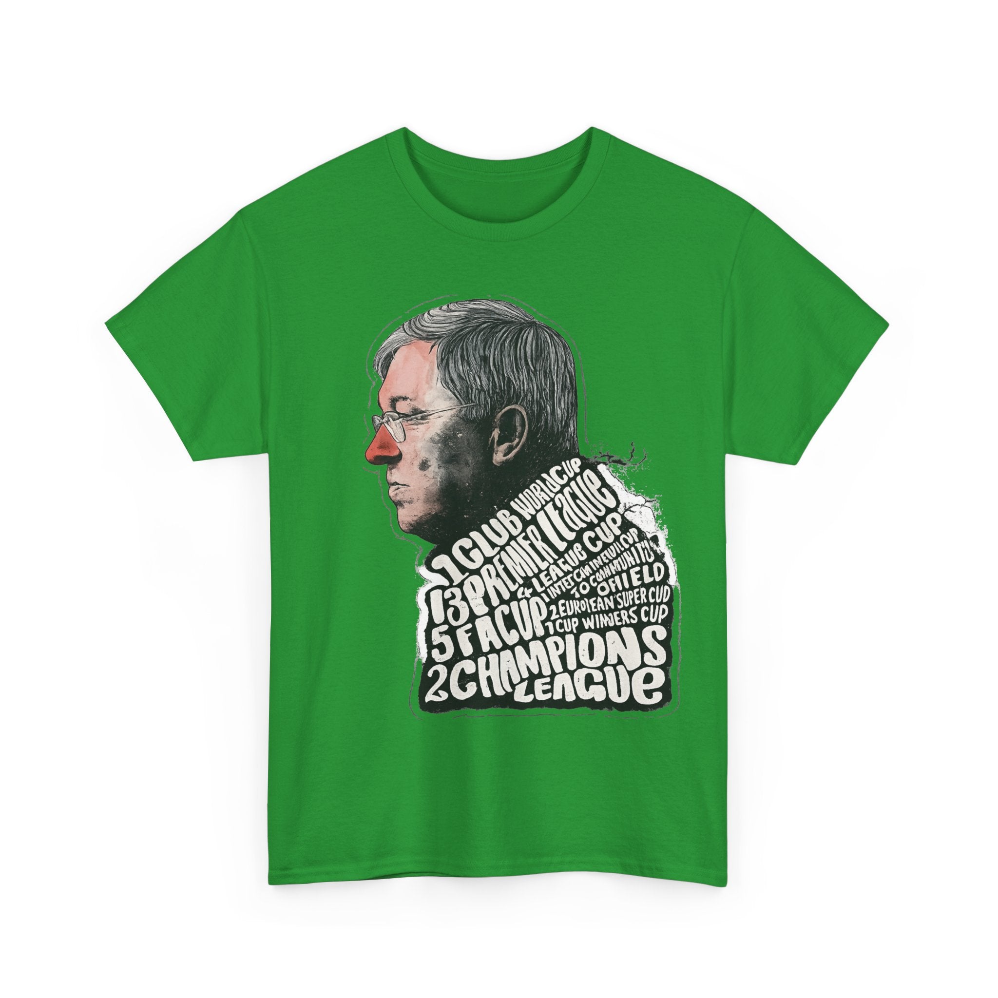 SIr Alex Ferguson Achievements Vintage Football Manager Profile Tee — Illustrated Head with Trophy Text Design