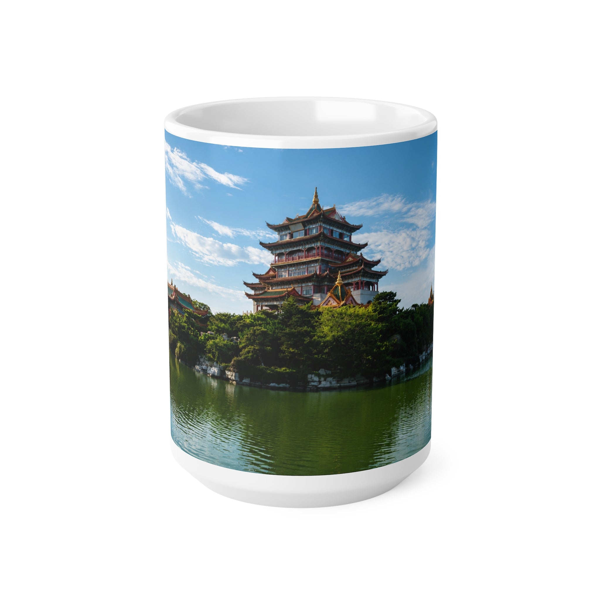 Pagoda Lakeside Ceramic Mug — Asian Temple Travel Photo Coffee Cup (11oz/15oz)