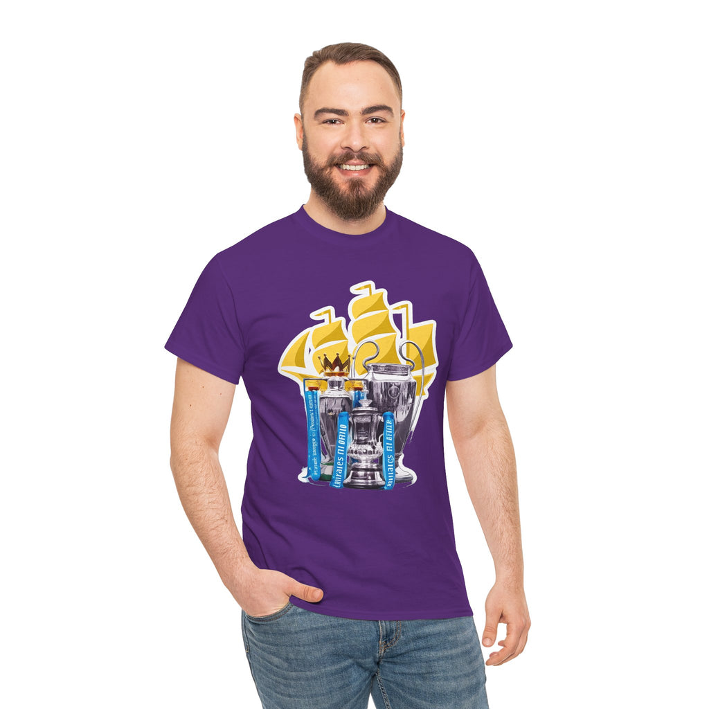 Manchester City Champions Trophy Tee – Golden Cups & Blue Scarves Football Fan Shirt