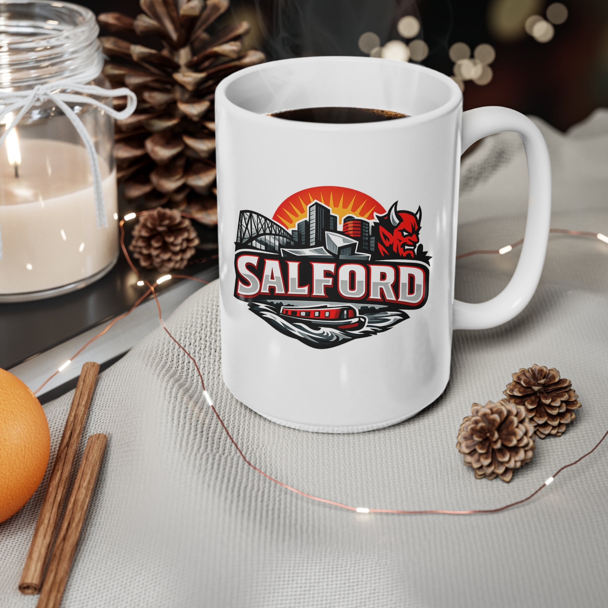 Salford City Skyline Coffee Mug – Devils Logo Ceramic Cup (11oz & 15oz)