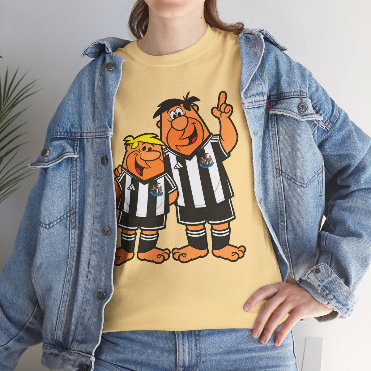 Newcastle United Flintstones Cartoon Cotton T-Shirt / Tee — Retro Striped Jersey Illustrations