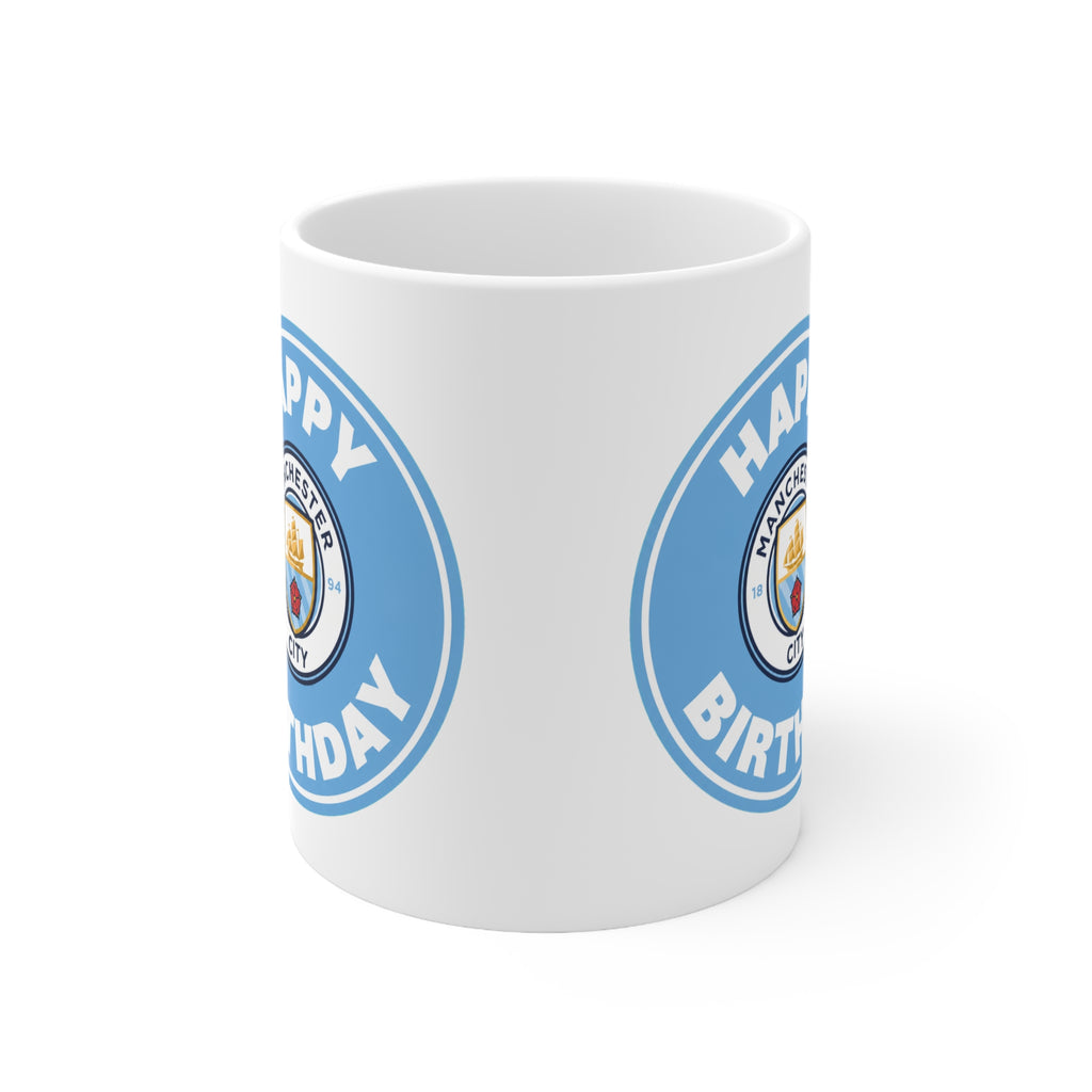 Manchester City Inspired Happy Birthday Football Mug — Manchester City Crest Ceramic Coffee Cup (11oz & 15oz)
