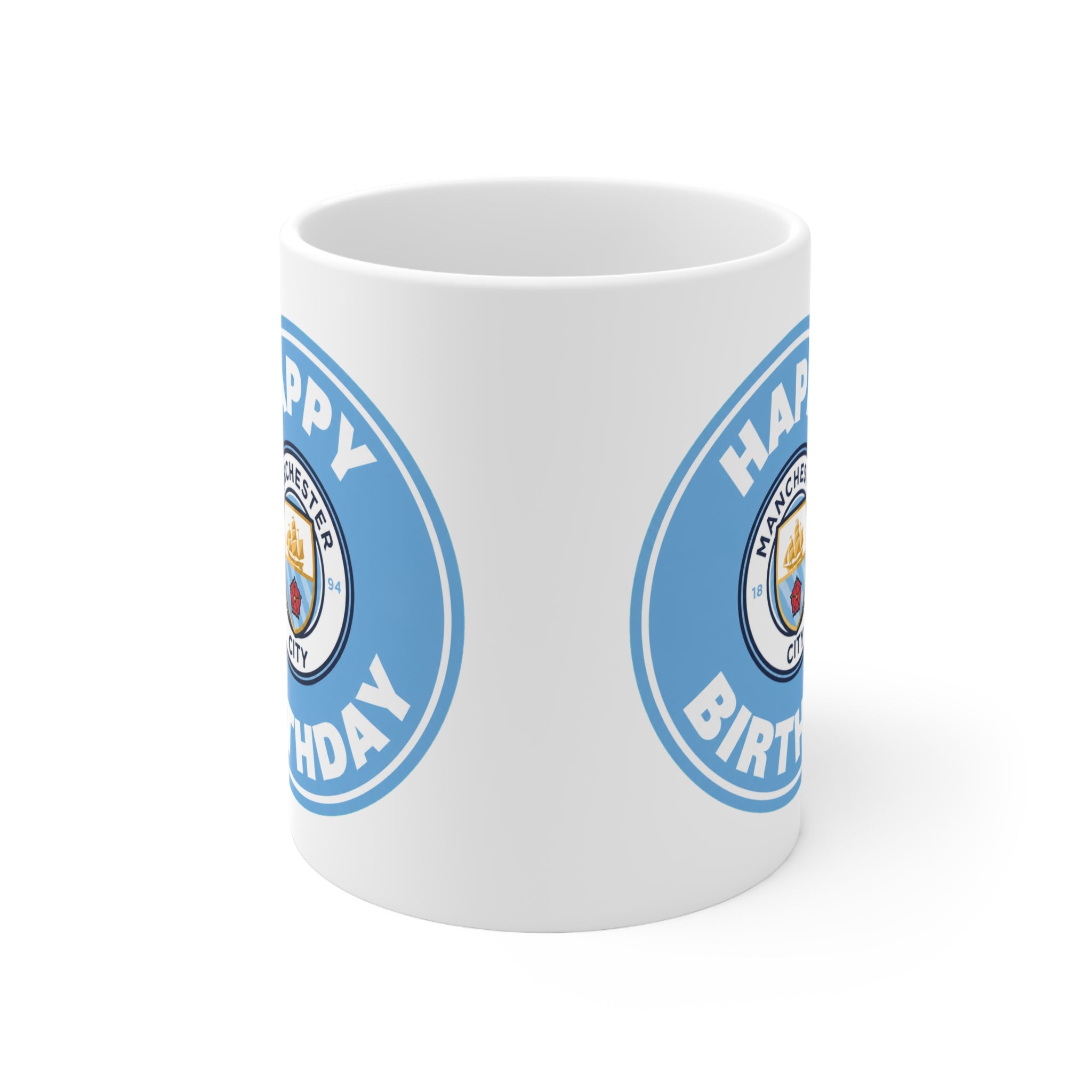 Manchester City Inspired Happy Birthday Football Mug — Manchester City Crest Ceramic Coffee Cup (11oz & 15oz)