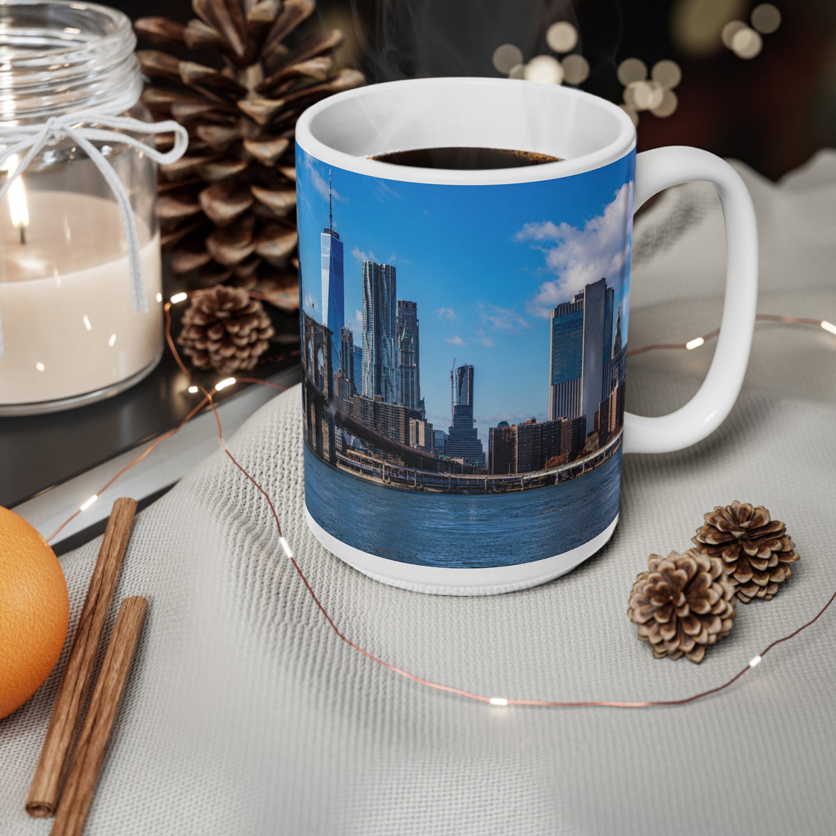 New York City Skyline Coffee Mug — Brooklyn Bridge Panoramic 11oz/15oz