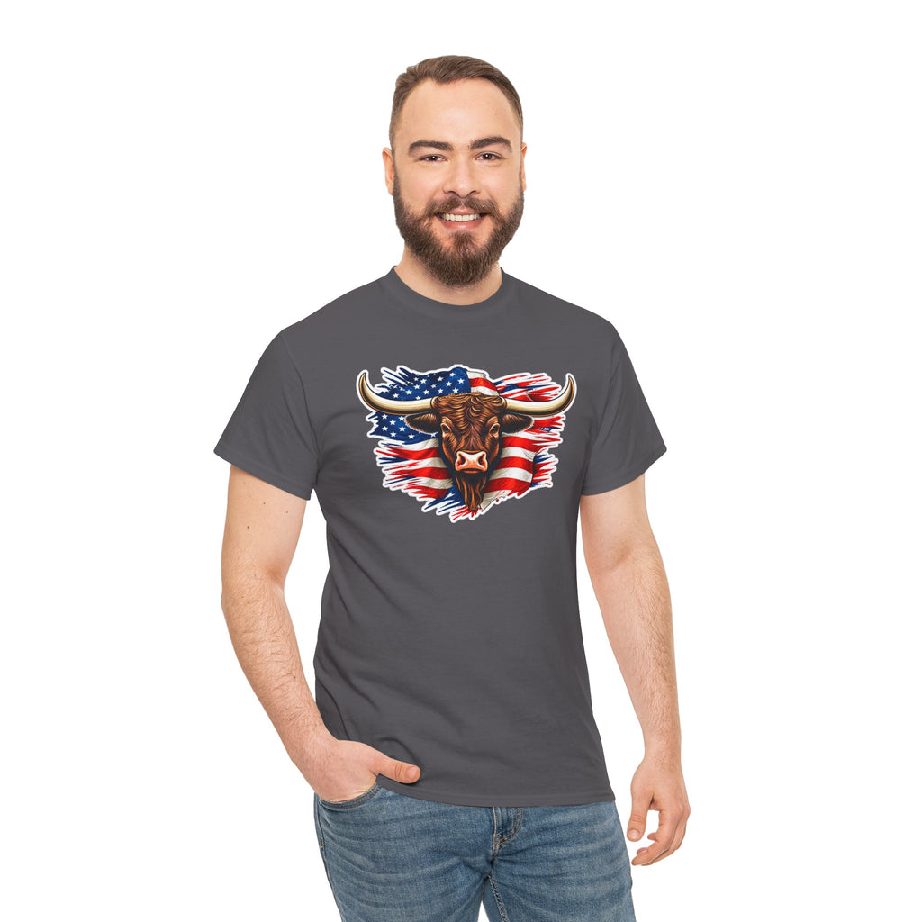 American Flag Bull Graphic Tee — Patriotic Cowboy Western T-Shirt