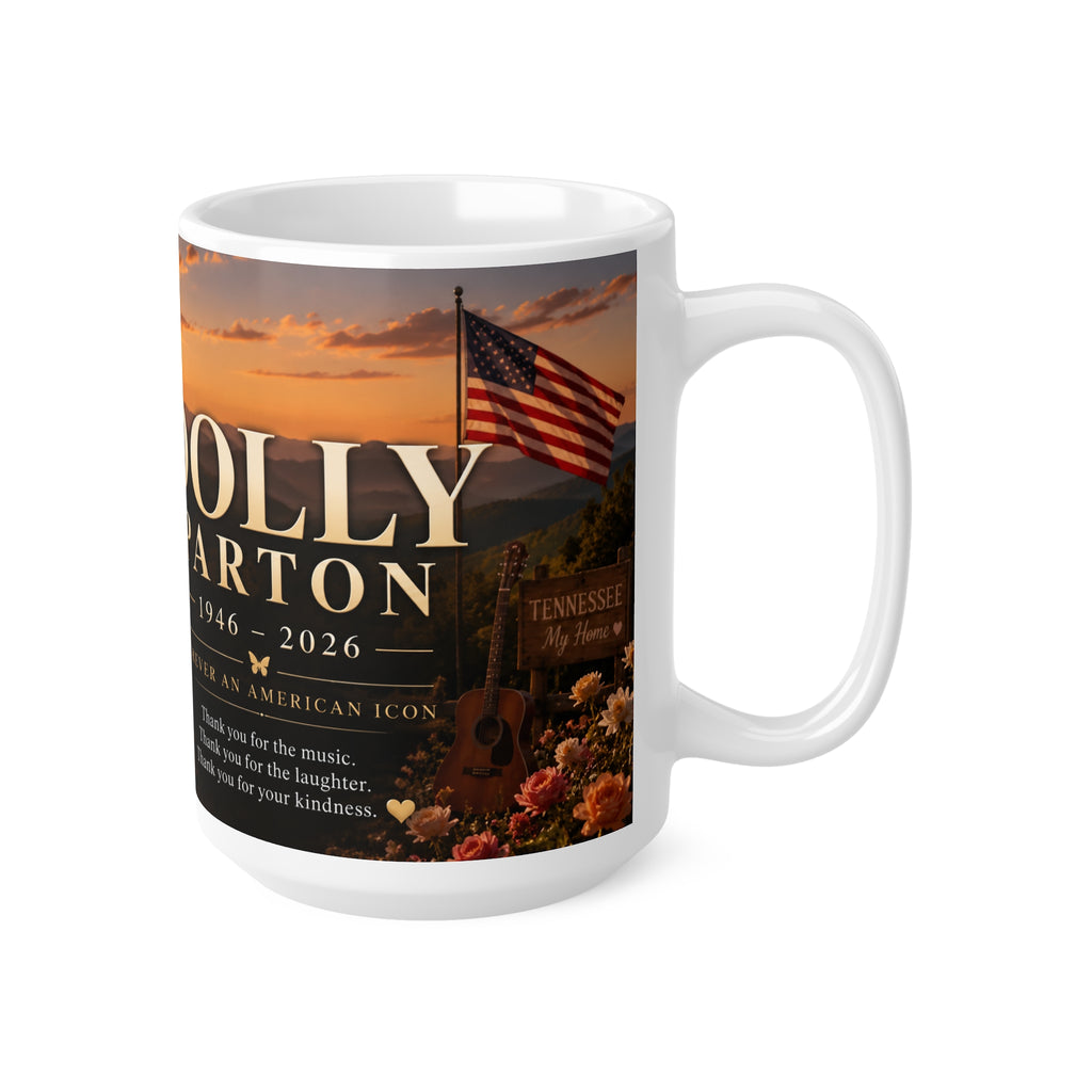 Dolly Parton Memorial Sunset Portrait Mug — Inspirational Tribute Ceramic Coffee Cup