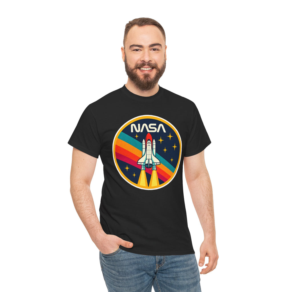 NASA Retro Rocket T‑Shirt — Vintage Space Shuttle Tee with Rainbow Trail