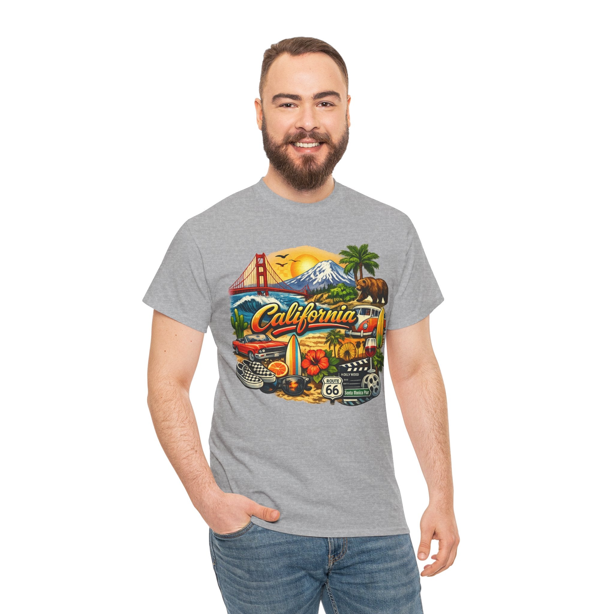 California Vintage Travel T-Shirt — Golden Gate, Palm Trees & Route 66 Tee