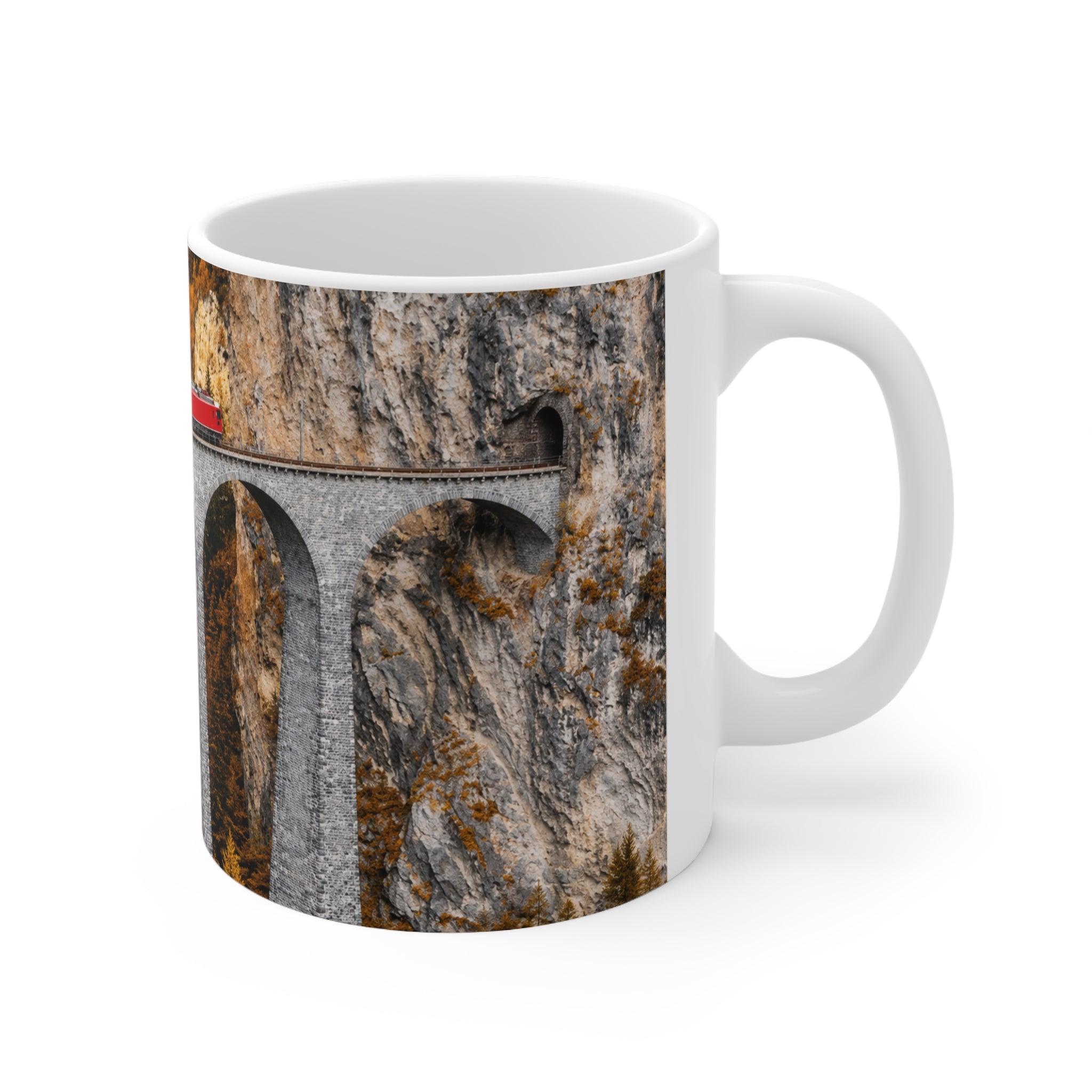 Alpine Scenic Red Train Bridge Coffee Mug – Autumn Railway 11oz & 15oz