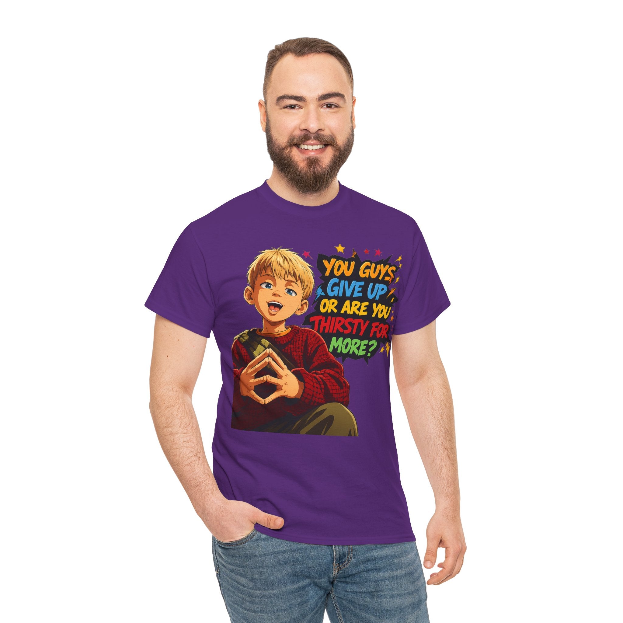 Home Alone Inspired Graphic Tee — 'You Guys Give Up or Are You Thirsty for More?' Nostalgic Comic Boy T-Shirt