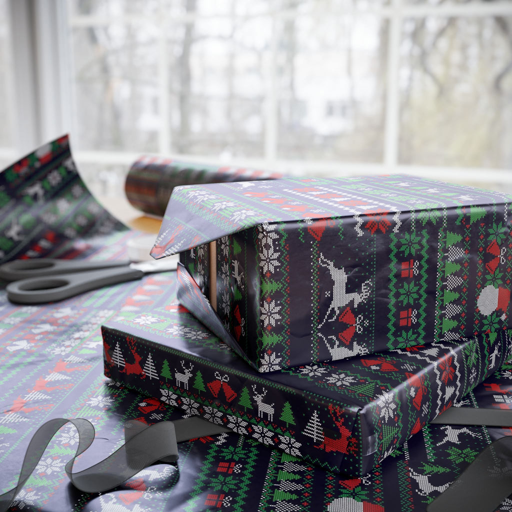 Wrapping Paper - Dark Holiday Fair Isle Reindeer & Snowflake Gift Wrap