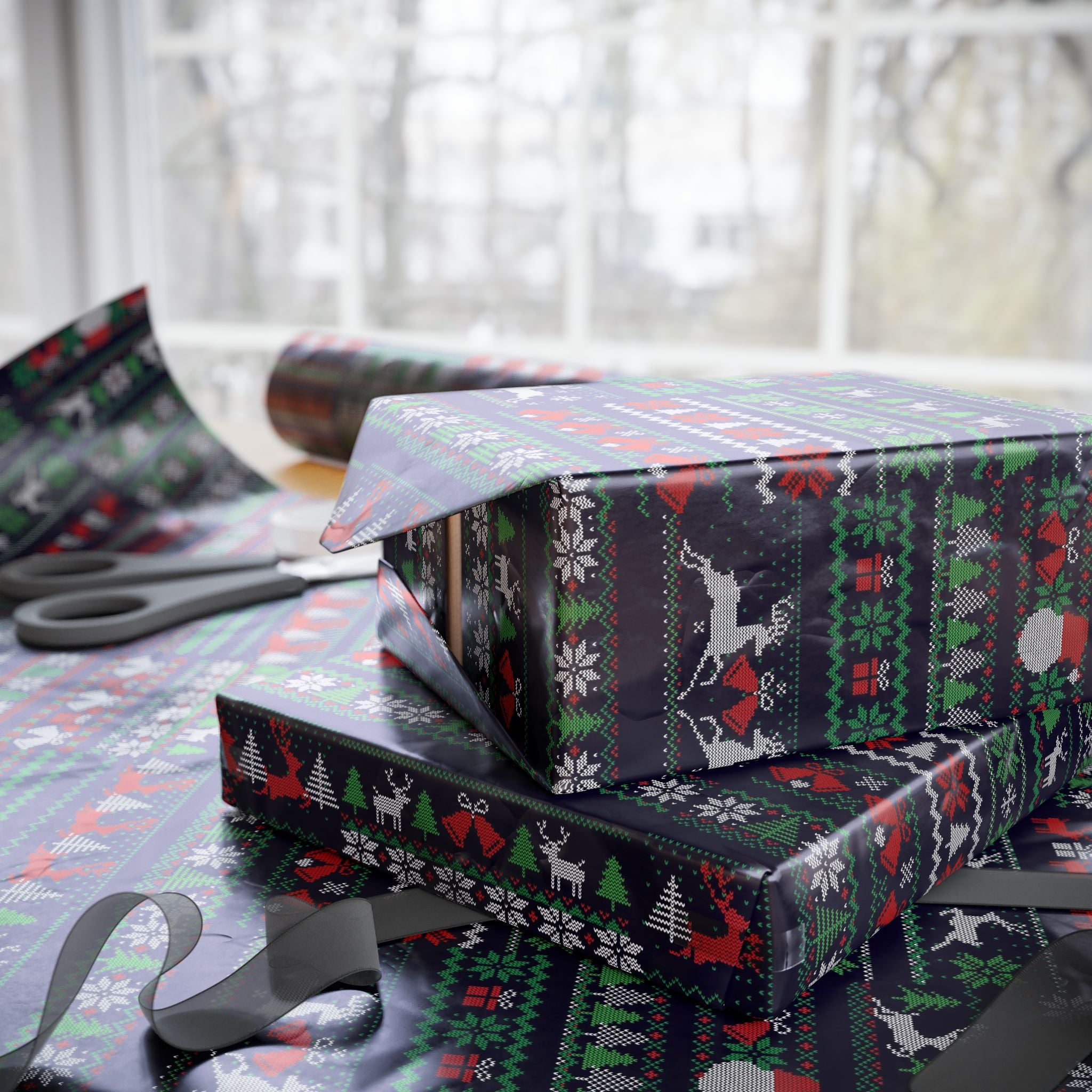 Wrapping Paper - Dark Holiday Fair Isle Reindeer & Snowflake Gift Wrap