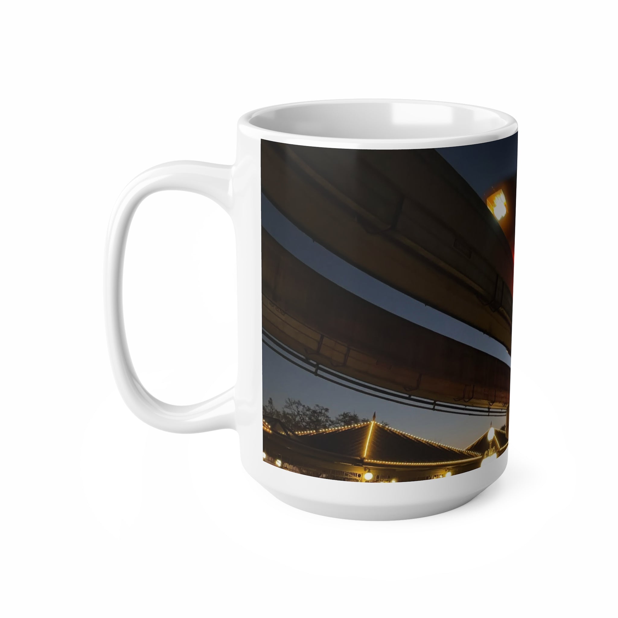 WDW Monorail Nightscape Ceramic Mug — Modern Curved Building Photo (11oz & 15oz)