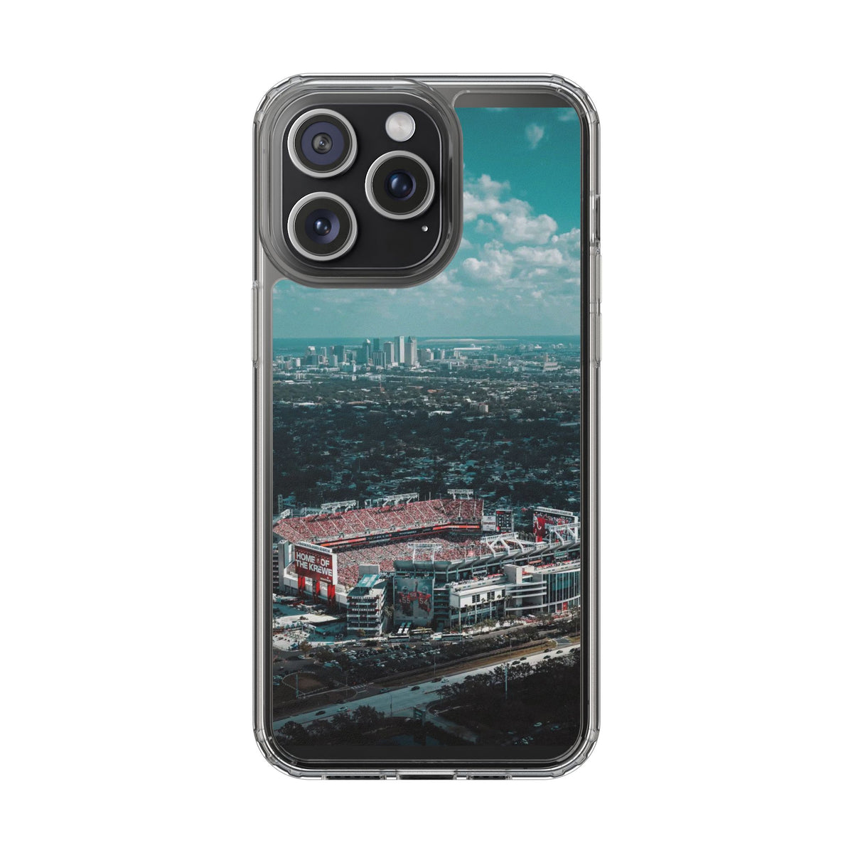 Tampa Bay Raymond James Stadium Clear Phone Case — Aerial City Stadium Design
