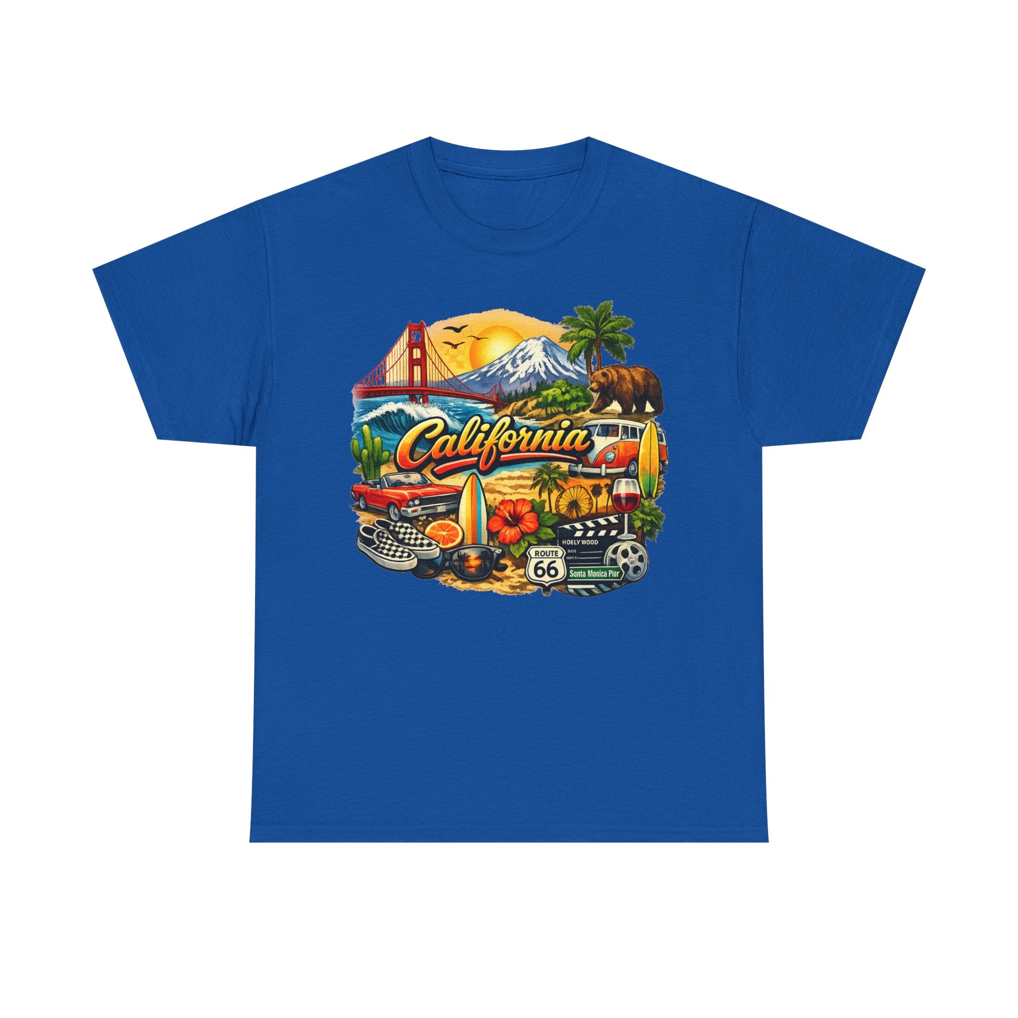 California Vintage Travel T-Shirt — Golden Gate, Palm Trees & Route 66 Tee