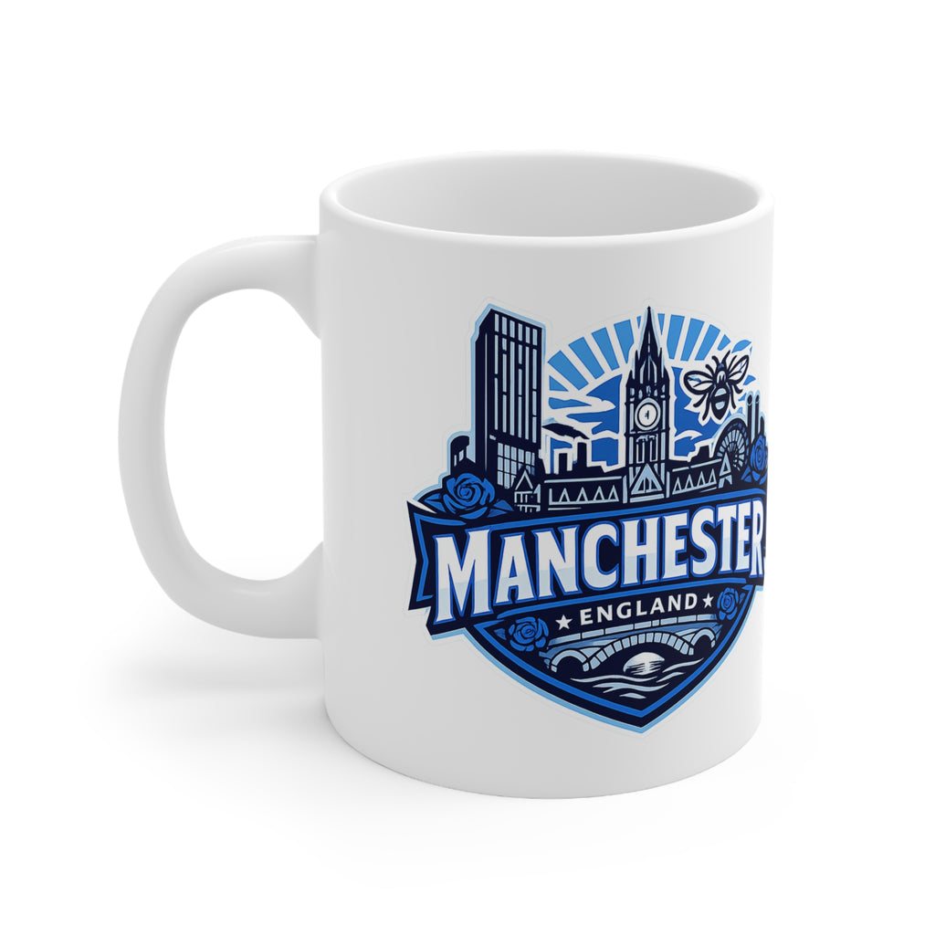 Manchester England Skyline Ceramic Mug — 11oz & 15oz Souvenir Coffee Cup