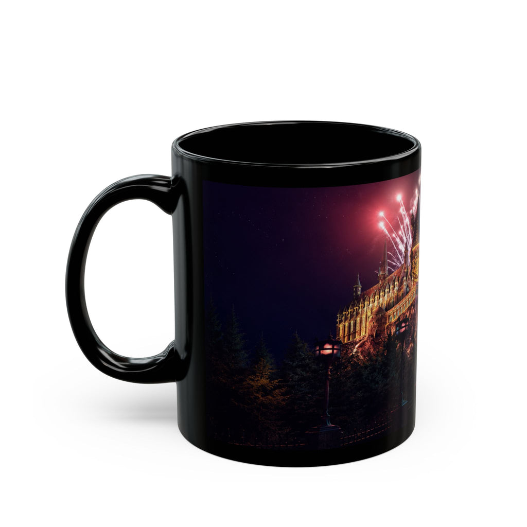 Hogwarts Castle Fireworks Night Black Mug — Castle Nightscape Coffee Cup (11oz/15oz)