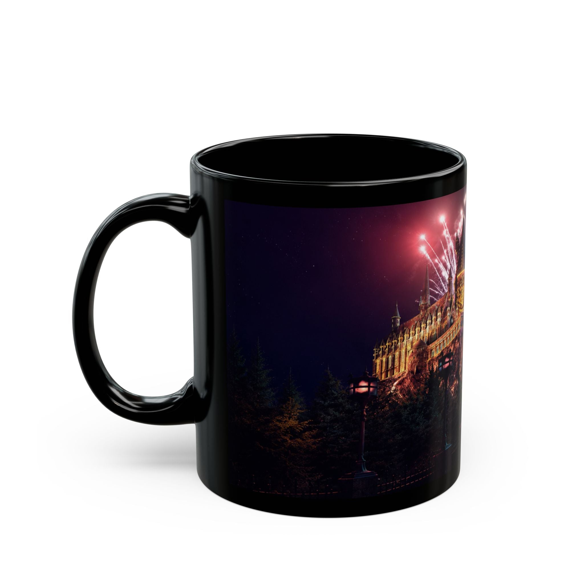 Hogwarts Castle Fireworks Night Black Mug — Castle Nightscape Coffee Cup (11oz/15oz)